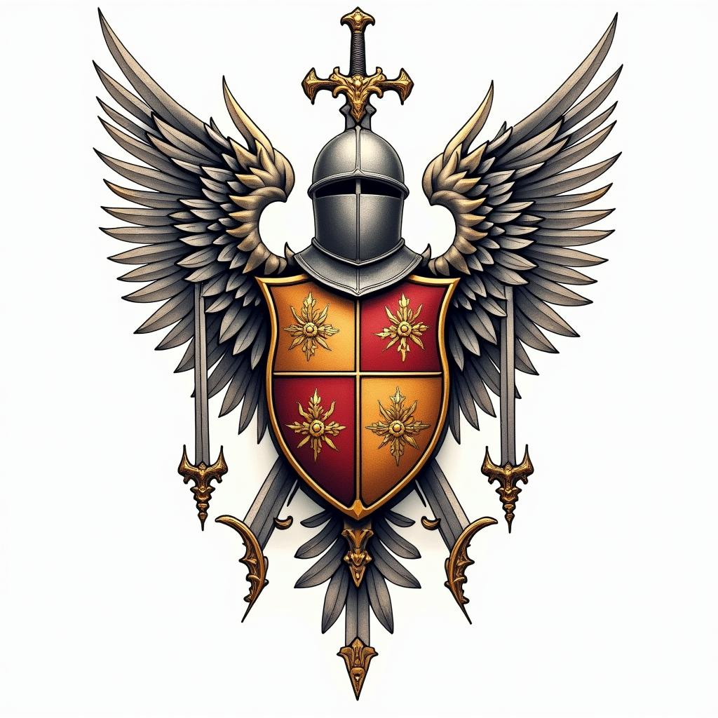 Crest, gold and red quadrants, knights helmet, wings, swordsin ornamental tattoo style, featuring intricate symmetrical patterns and floral designs, showcasing highly detailed line work and geometric shapes, creating a sense of elegance and balance - Variation 7