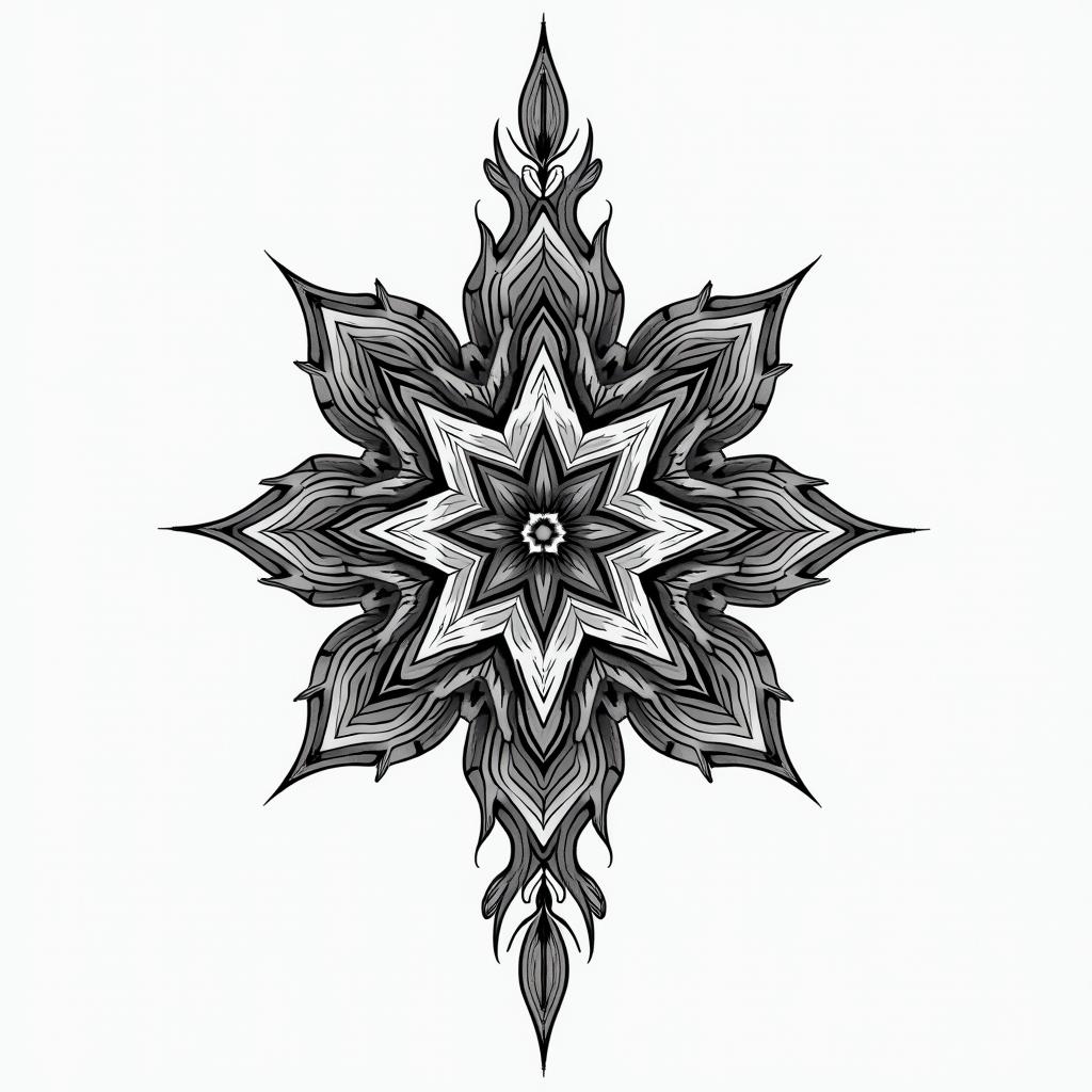 Girly pretty in geometric style tattoo, blending hexagons, mandala-inspired patterns, symmetrical and fractal design, clean lines, sharp angles - Variation 1