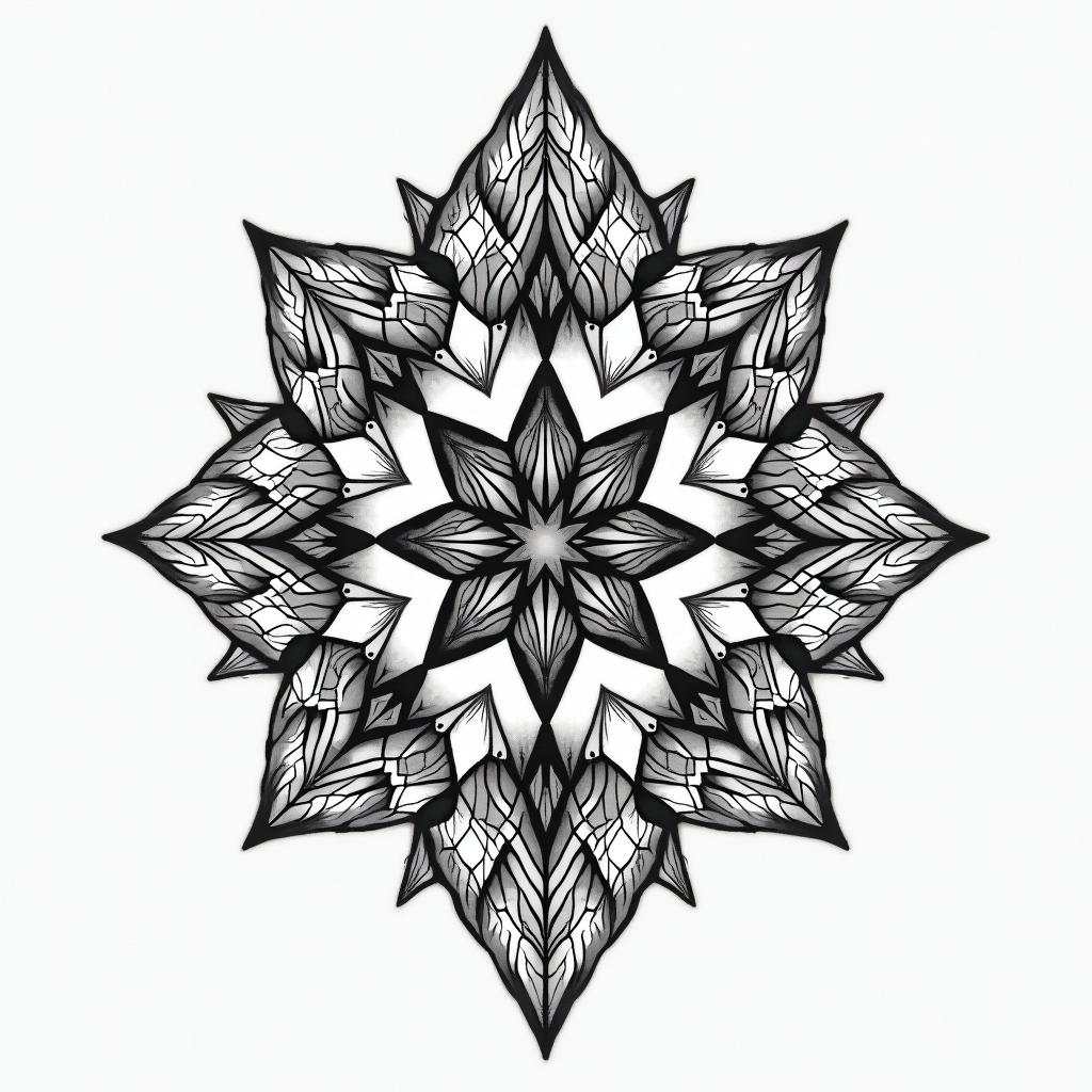 Girly pretty in geometric style tattoo, blending hexagons, mandala-inspired patterns, symmetrical and fractal design, clean lines, sharp angles - Variation 4