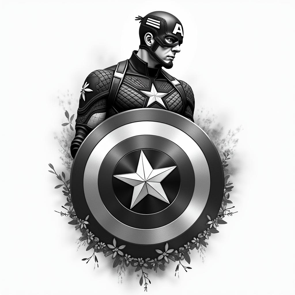 Captain America with his shield raisedin bohemian style tattoo, 8k - Variation 3