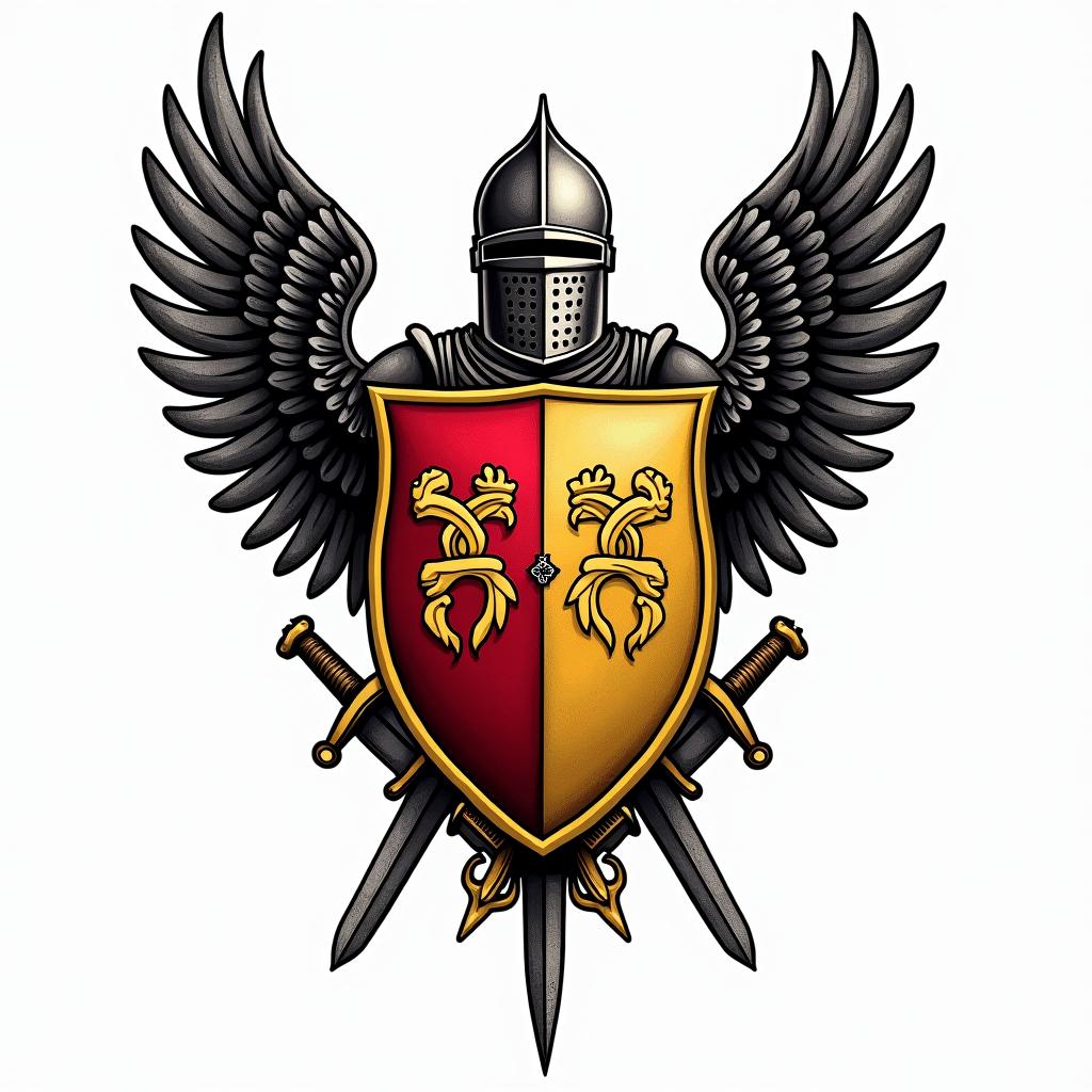 Crest, gold and red quadrants, knights helmet, wings, swordsin pop art style tattoo, featuring bold and vibrant colors, exaggerated outlines, iconic imagery, inspired by comic books and speech bubbles, comic book characters, retro pop culture