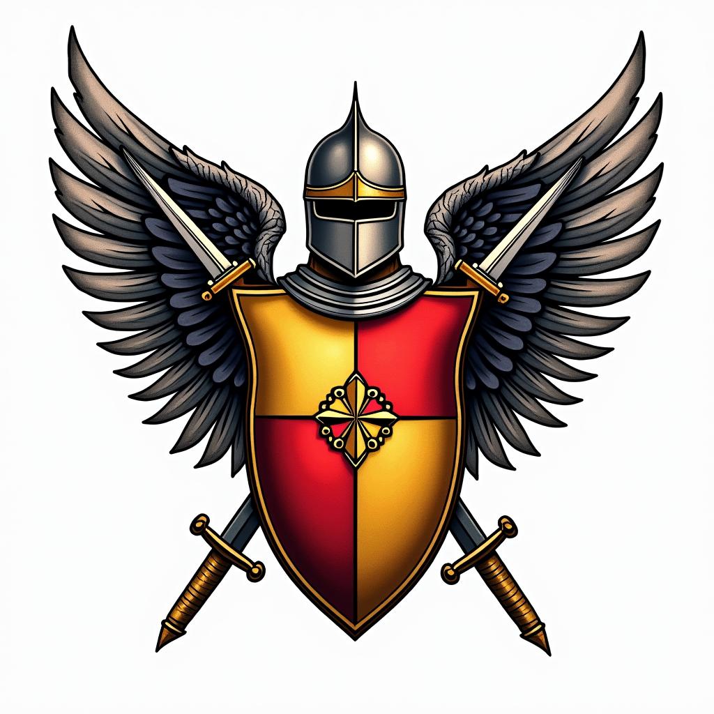 Crest, gold and red quadrants, knights helmet, wings, swordsin pop art style tattoo, featuring bold and vibrant colors, exaggerated outlines, iconic imagery, inspired by comic books and speech bubbles, comic book characters, retro pop culture - Variation 2