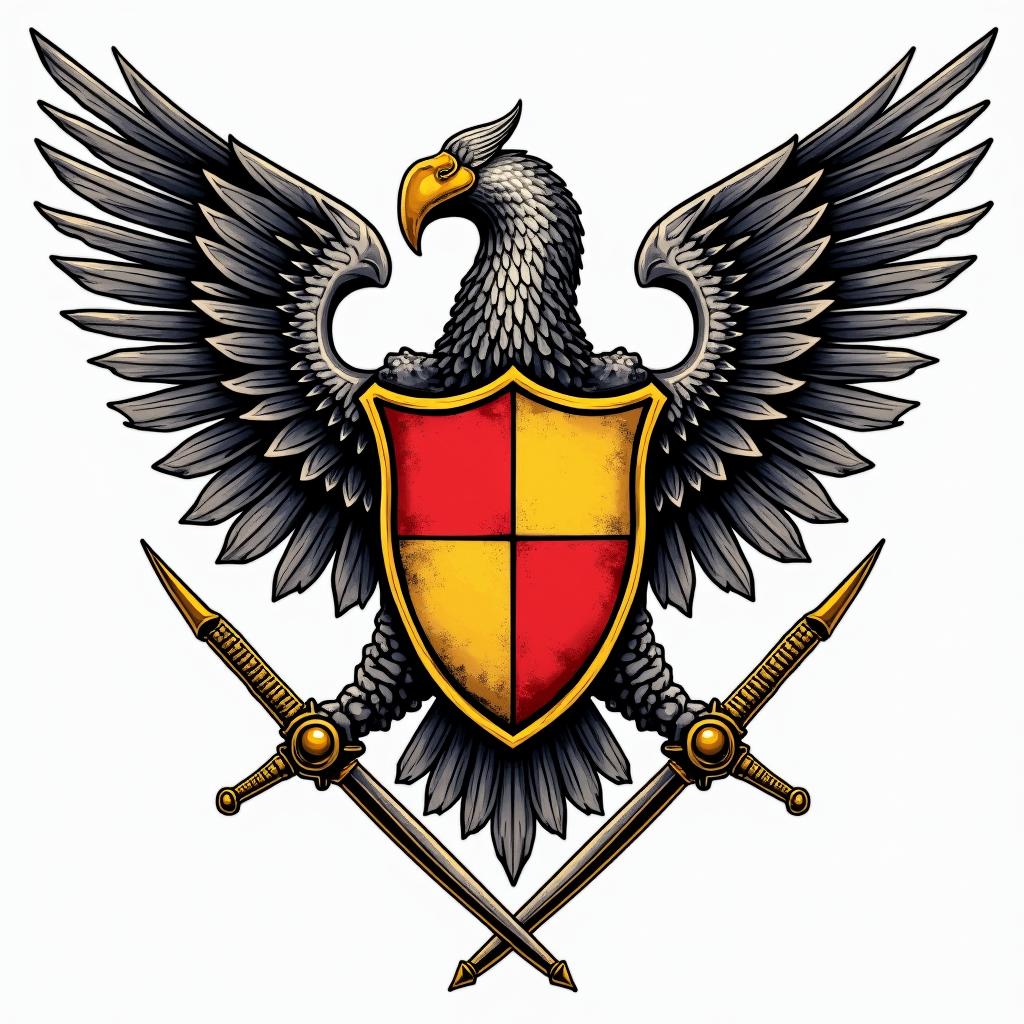 Crest, gold and red quadrants, knights helmet, wings, swordsin pop art style tattoo, featuring bold and vibrant colors, exaggerated outlines, iconic imagery, inspired by comic books and speech bubbles, comic book characters, retro pop culture - Variation 3