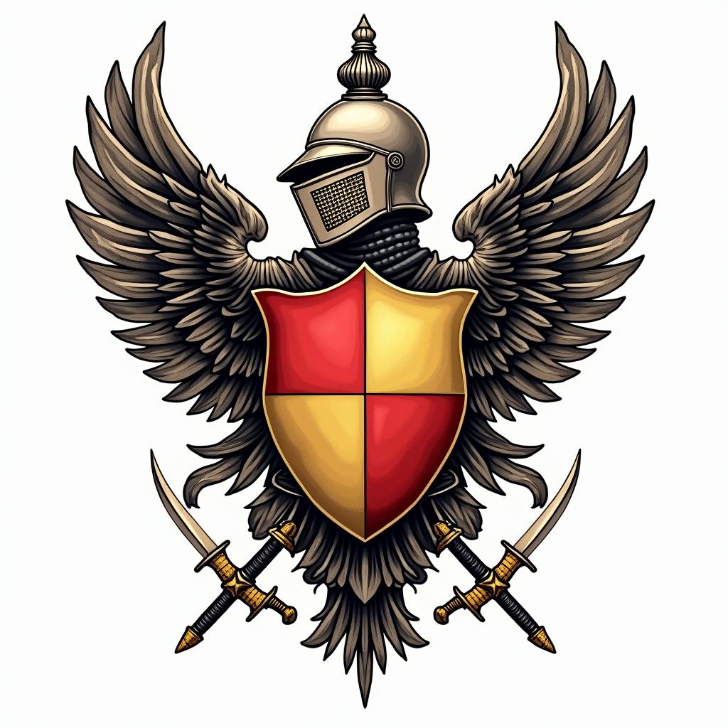 Crest, gold and red quadrants, knights helmet, wings, swordsin pop art style tattoo, featuring bold and vibrant colors, exaggerated outlines, iconic imagery, inspired by comic books and speech bubbles, comic book characters, retro pop culture - Variation 4