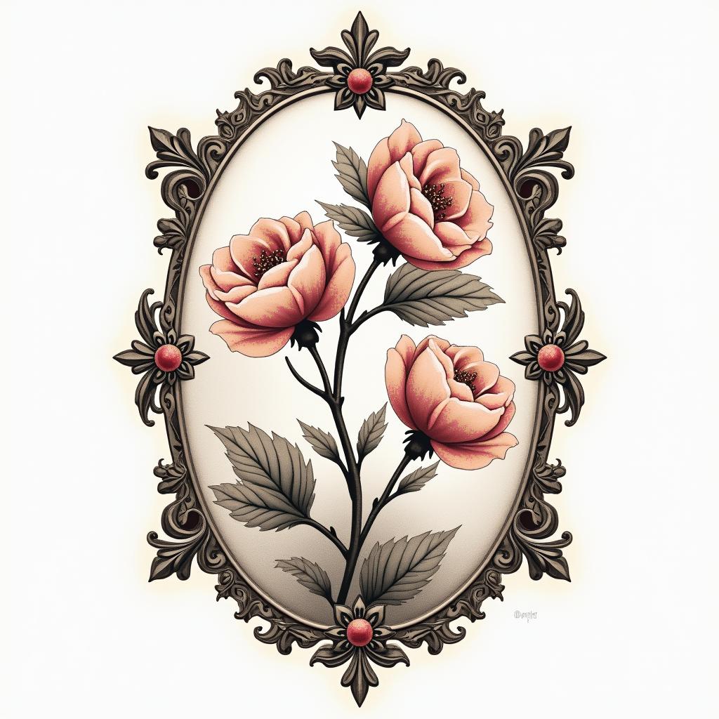 Two cherry blossomsin victorian style tattoo, featuring vintage and elegant elements, ornate frames, roses, antique, sepia-toned color scheme - Variation 2