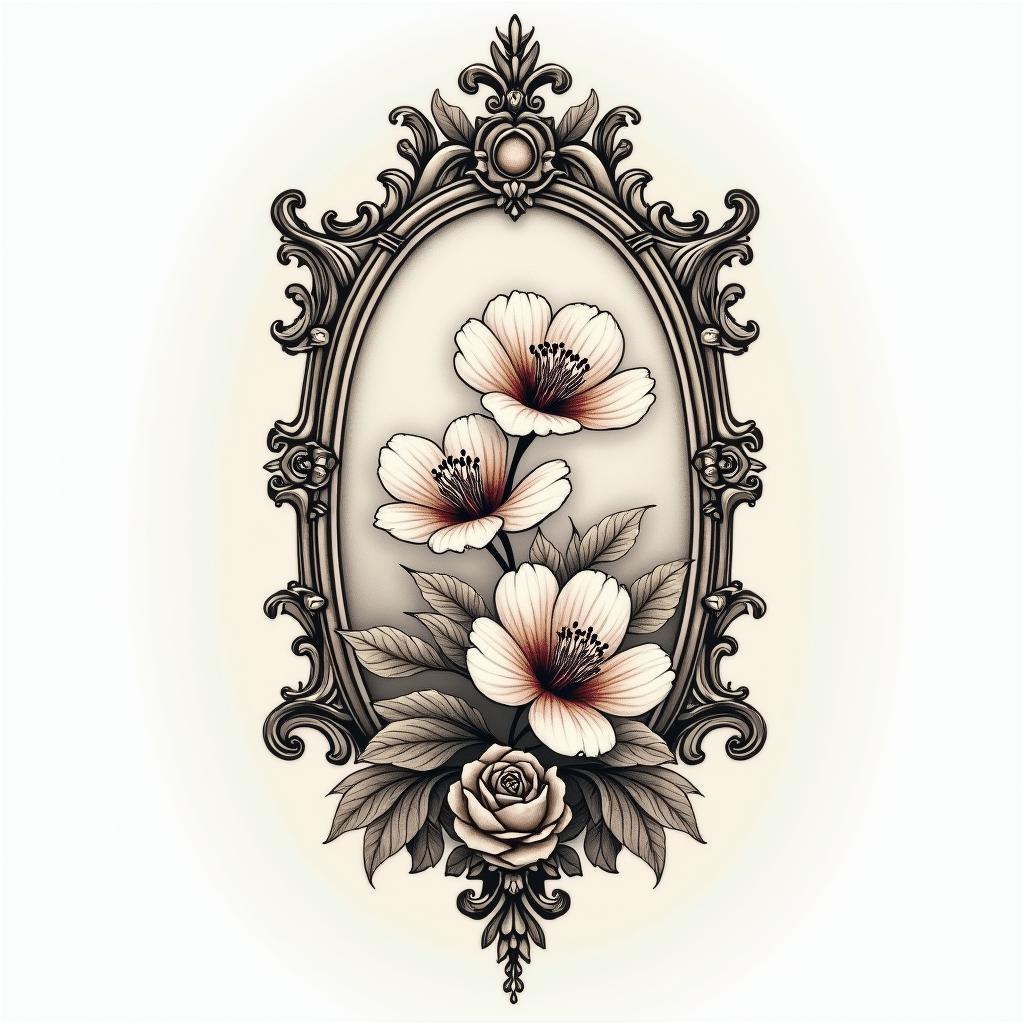 Two cherry blossomsin victorian style tattoo, featuring vintage and elegant elements, ornate frames, roses, antique, sepia-toned color scheme