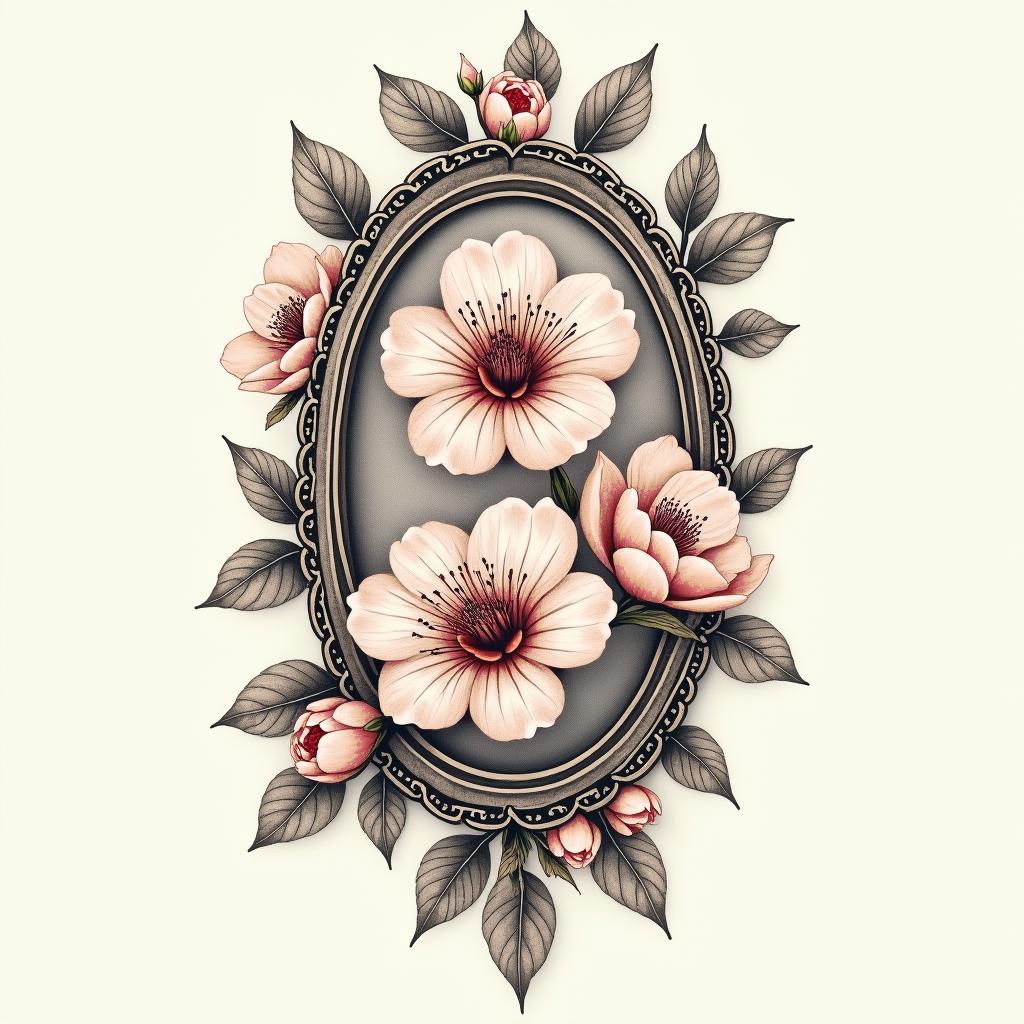 Two cherry blossomsin victorian style tattoo, featuring vintage and elegant elements, ornate frames, roses, antique, sepia-toned color scheme - Variation 4