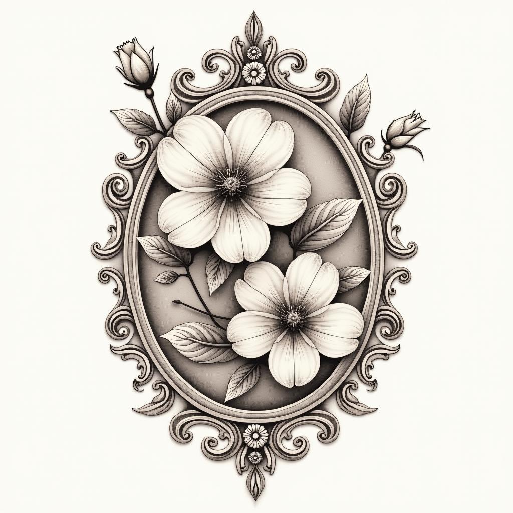Two cherry blossomsin victorian style tattoo, featuring vintage and elegant elements, ornate frames, roses, antique, sepia-toned color scheme - Variation 3