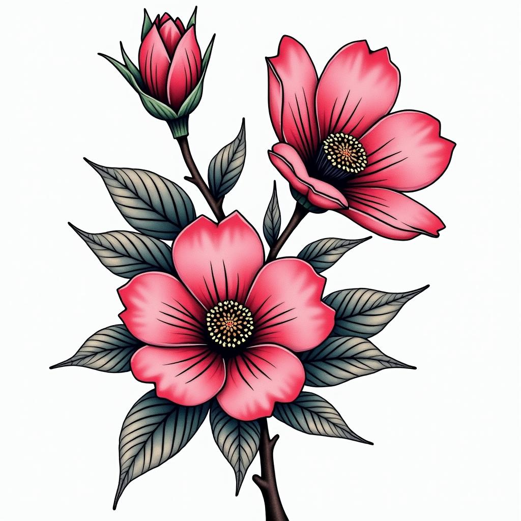 Two cherry blossomsin pop art style tattoo, featuring bold and vibrant colors, exaggerated outlines, iconic imagery, inspired by comic books and speech bubbles, comic book characters, retro pop culture - Variation 2