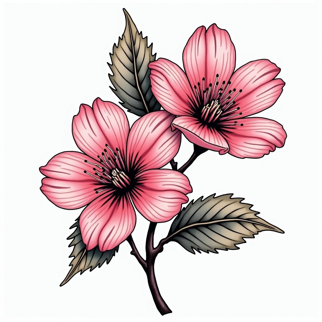 Two cherry blossomsin pop art style tattoo, featuring bold and vibrant colors, exaggerated outlines, iconic imagery, inspired by comic books and speech bubbles, comic book characters, retro pop culture
