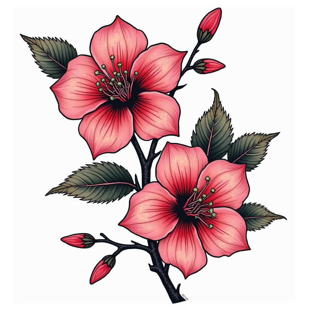 Two cherry blossomsin pop art style tattoo, featuring bold and vibrant colors, exaggerated outlines, iconic imagery, inspired by comic books and speech bubbles, comic book characters, retro pop culture - Variation 4