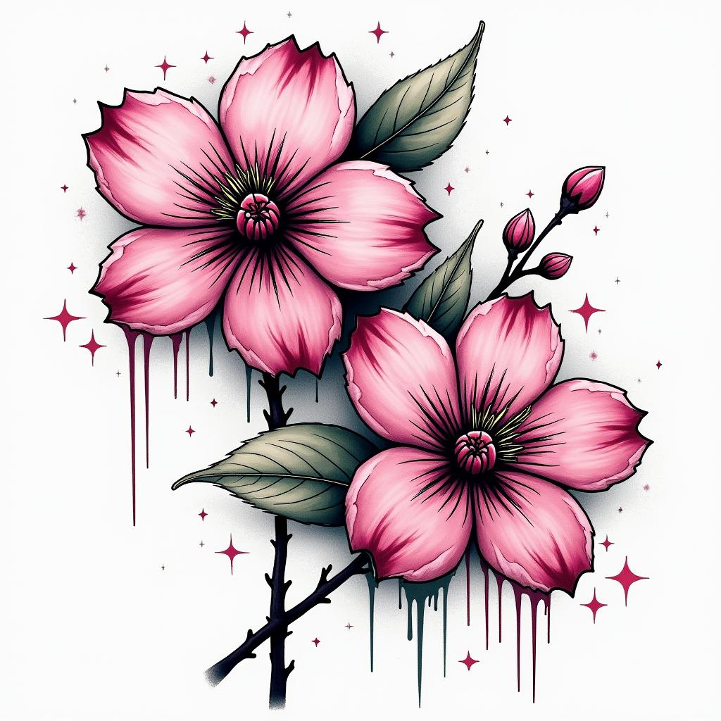 Two cherry blossomsin graffiti style tattoo, featuring bold and dynamic street art elements, spray-paint texture with exaggerated lines and expressive, chaotic brushstrokes, intricate lettering incorporated with graffiti tags, symbols like hearts, stars, and wings - Variation 4