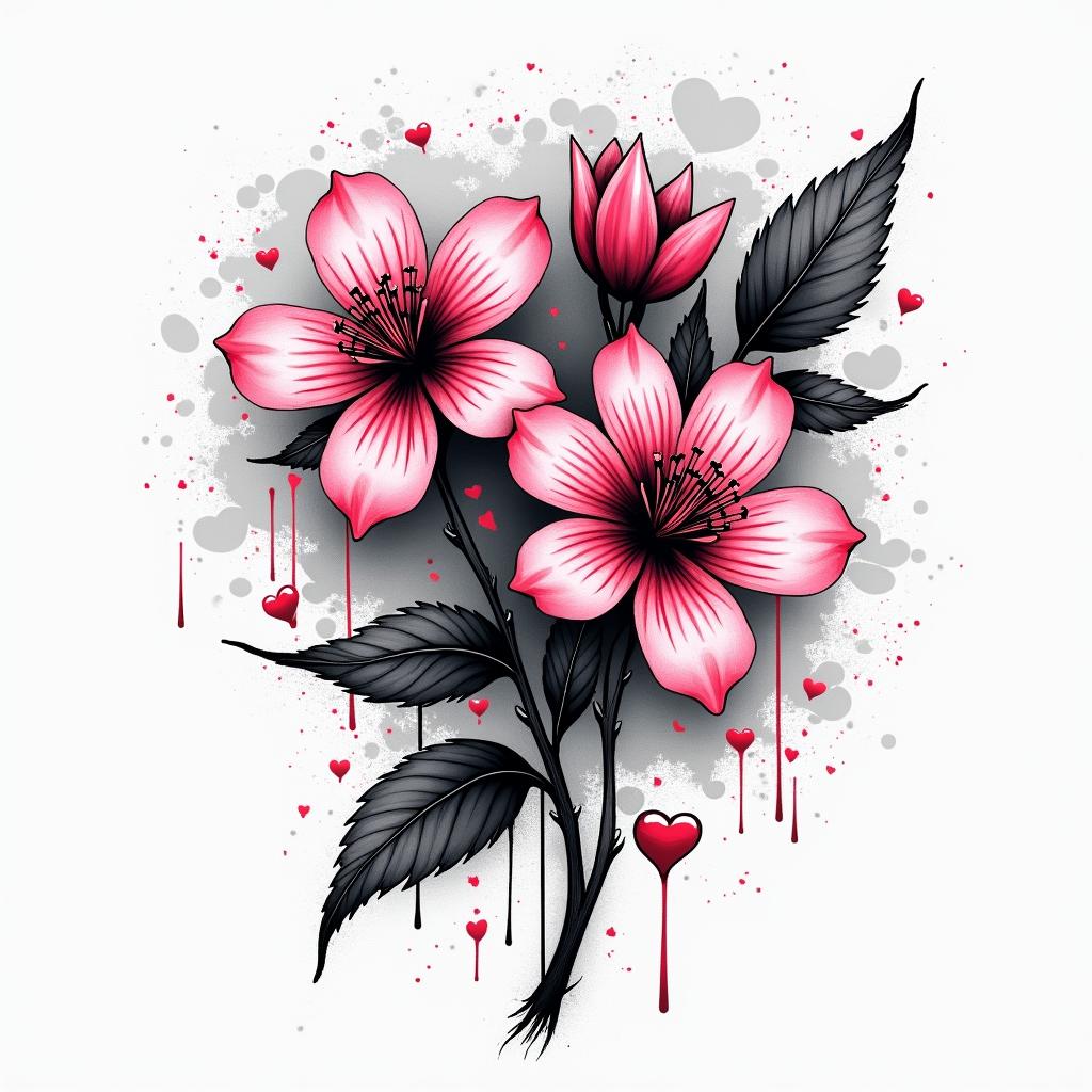 Two cherry blossomsin graffiti style tattoo, featuring bold and dynamic street art elements, spray-paint texture with exaggerated lines and expressive, chaotic brushstrokes, intricate lettering incorporated with graffiti tags, symbols like hearts, stars, and wings - Variation 3