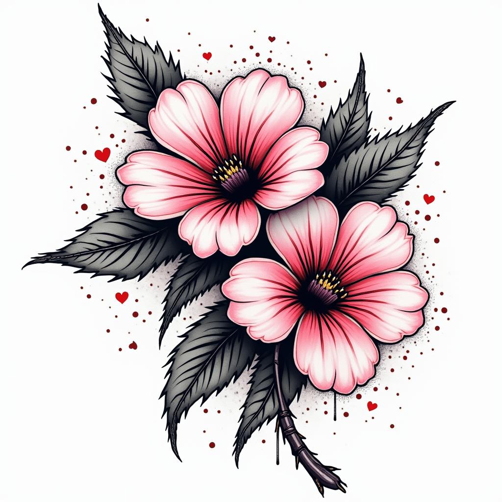 Two cherry blossomsin graffiti style tattoo, featuring bold and dynamic street art elements, spray-paint texture with exaggerated lines and expressive, chaotic brushstrokes, intricate lettering incorporated with graffiti tags, symbols like hearts, stars, and wings - Variation 2