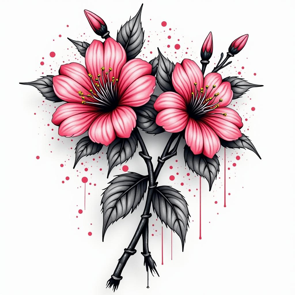 Two cherry blossomsin graffiti style tattoo, featuring bold and dynamic street art elements, spray-paint texture with exaggerated lines and expressive, chaotic brushstrokes, intricate lettering incorporated with graffiti tags, symbols like hearts, stars, and wings