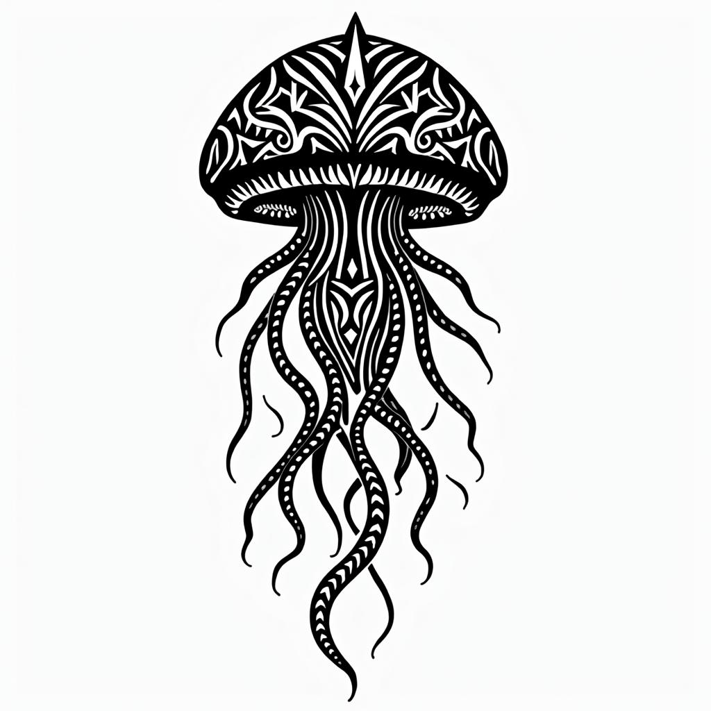 jellyfishin tribal tattoo style, featuring bold and black geometric shapes, curved lines, intertwine and flow seamlessly, creating a powerful and symbolic design, polynesian and maori styles