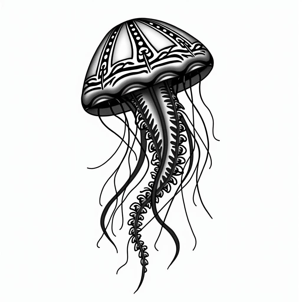 jellyfishin tribal tattoo style, featuring bold and black geometric shapes, curved lines, intertwine and flow seamlessly, creating a powerful and symbolic design, polynesian and maori styles - Variation 3