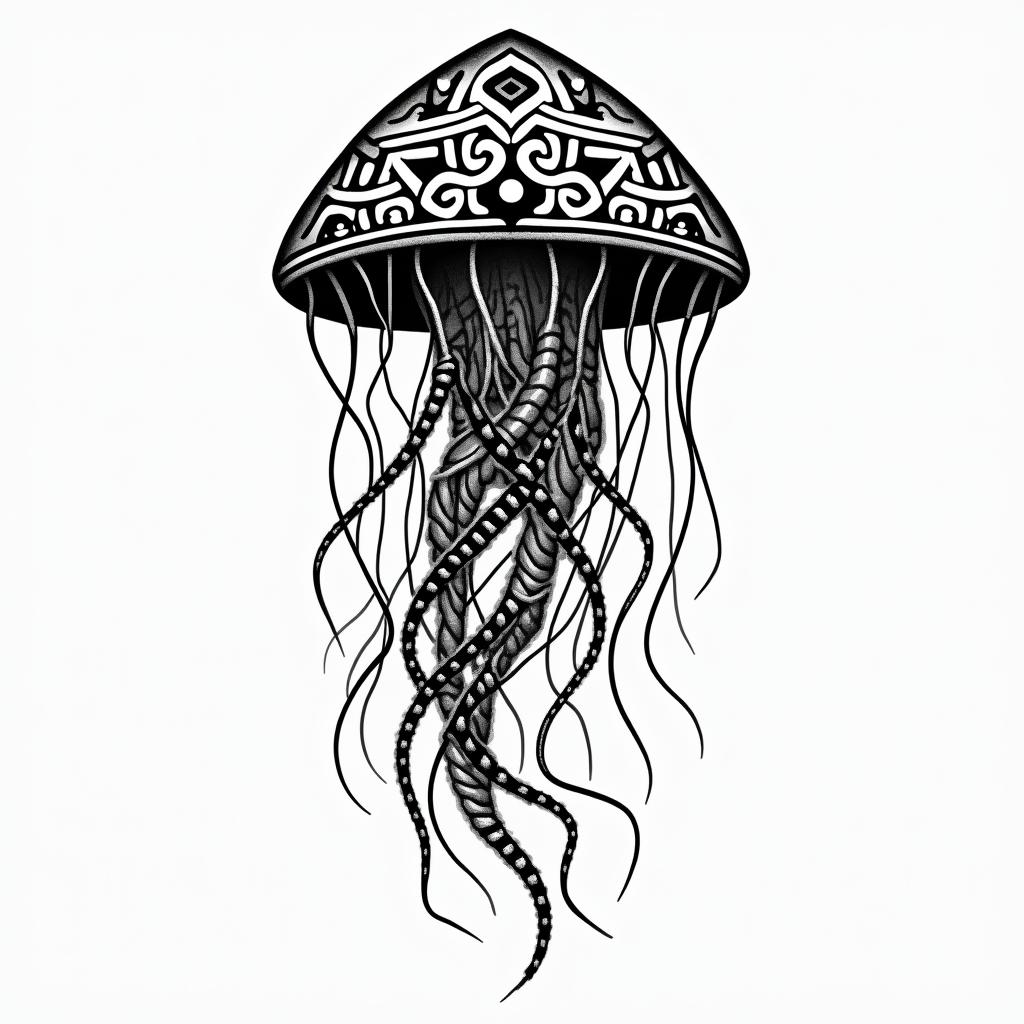 jellyfishin tribal tattoo style, featuring bold and black geometric shapes, curved lines, intertwine and flow seamlessly, creating a powerful and symbolic design, polynesian and maori styles - Variation 4