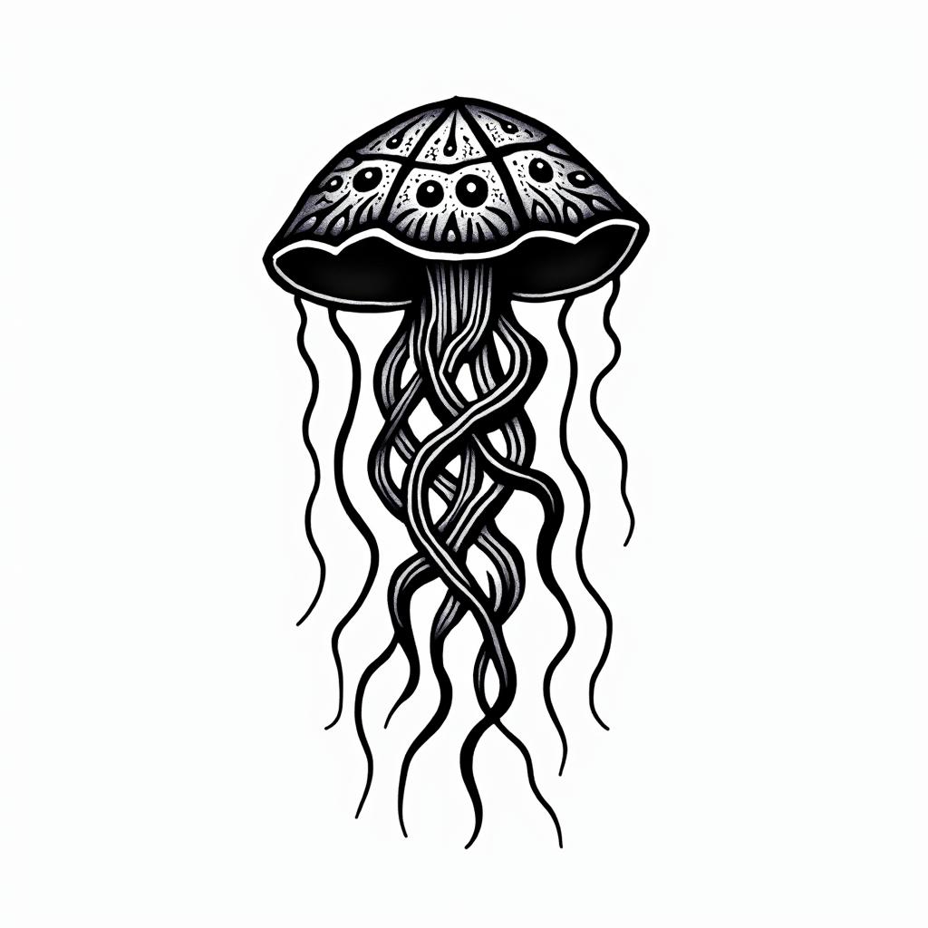 jellyfishin tribal tattoo style, featuring bold and black geometric shapes, curved lines, intertwine and flow seamlessly, creating a powerful and symbolic design, polynesian and maori styles - Variation 2