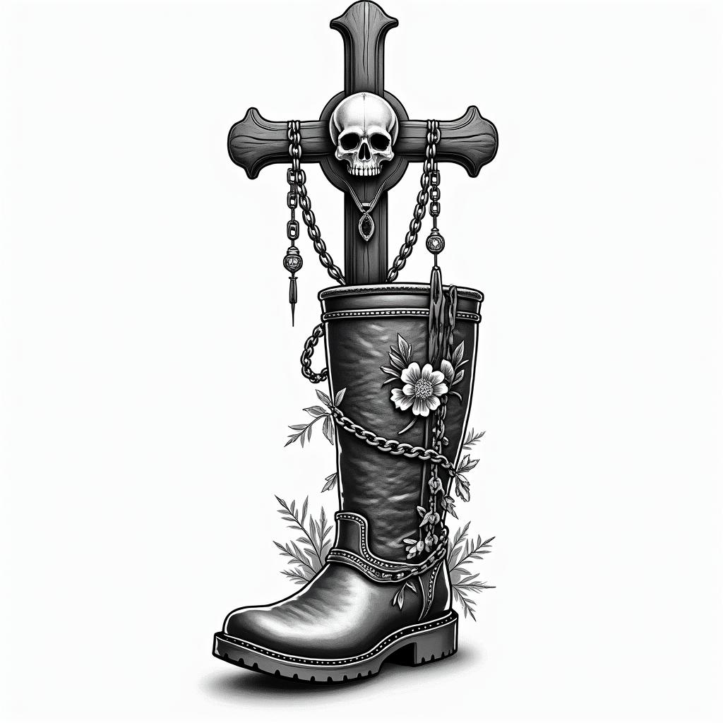 Rubber boots, shepard stickin chicano style tattoo, featuring intricate black and grey shading, bold elements of traditional chicano culture symbols, add a big cross with skull, chains and roses