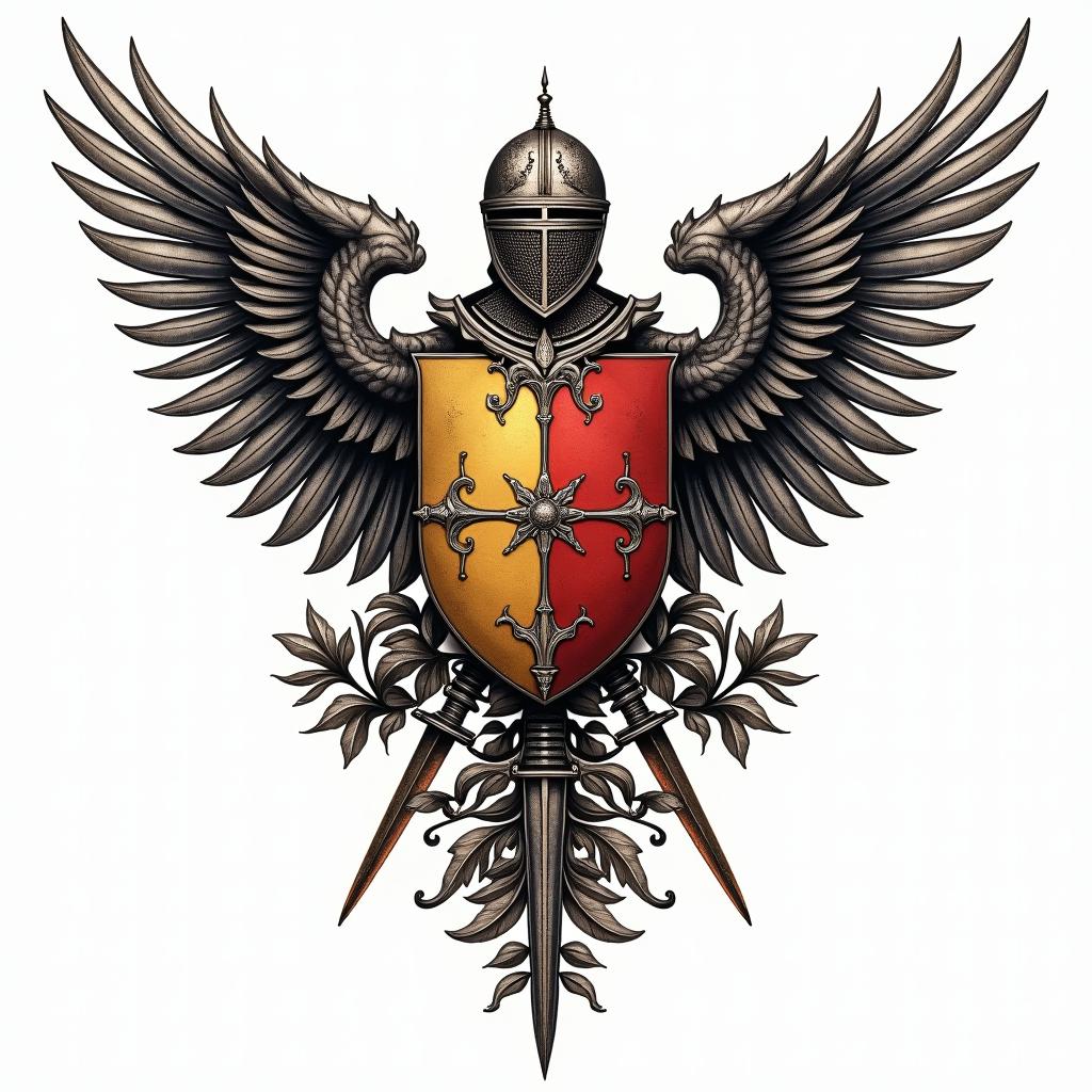 Crest, gold and red quadrants, knights helmet, wings, swordsin ornamental tattoo style, featuring intricate symmetrical patterns and floral designs, showcasing highly detailed line work and geometric shapes, creating a sense of elegance and balance - Variation 2