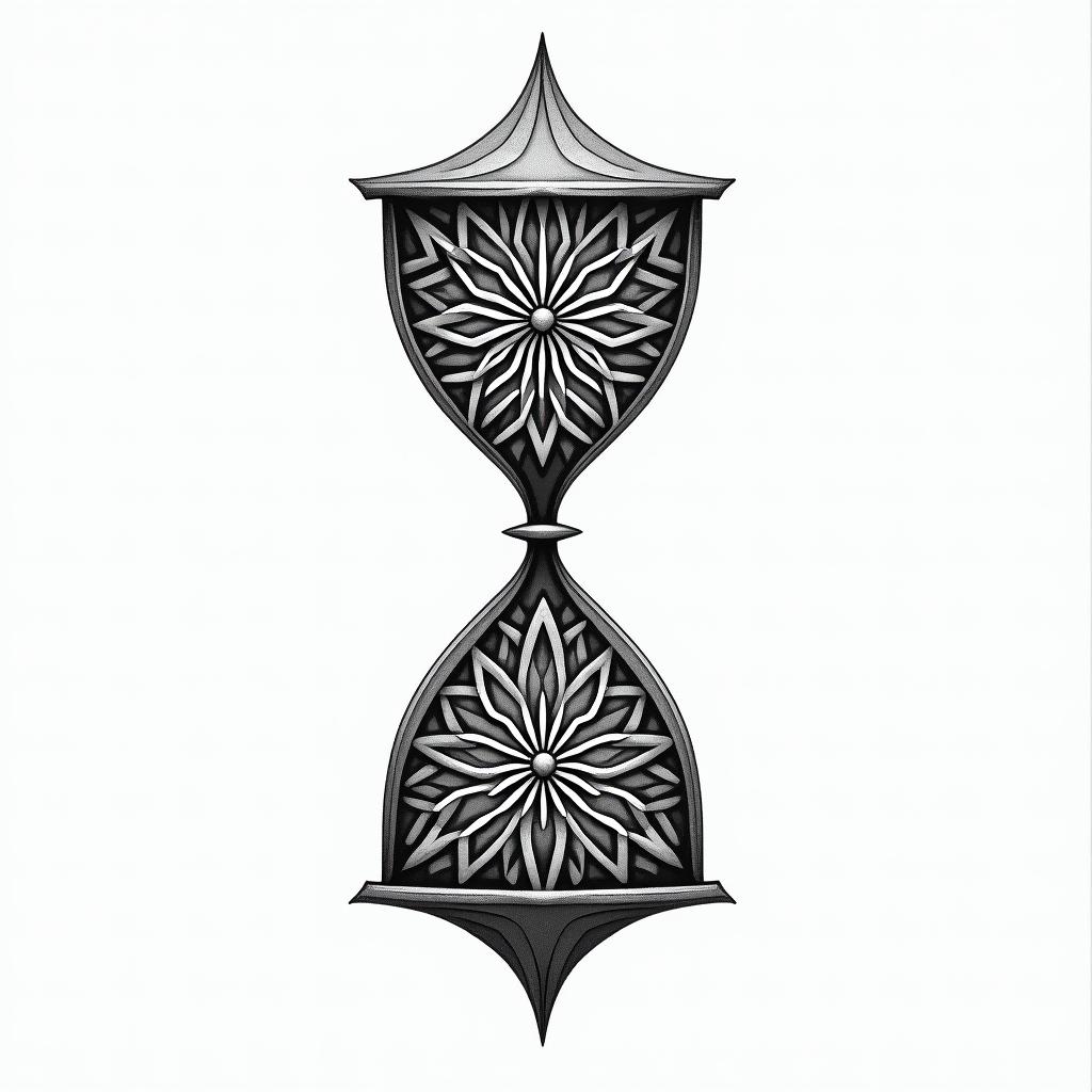 Hourglass, end in geometric style tattoo, blending hexagons, mandala-inspired patterns, symmetrical and fractal design, clean lines, sharp angles - Variation 3