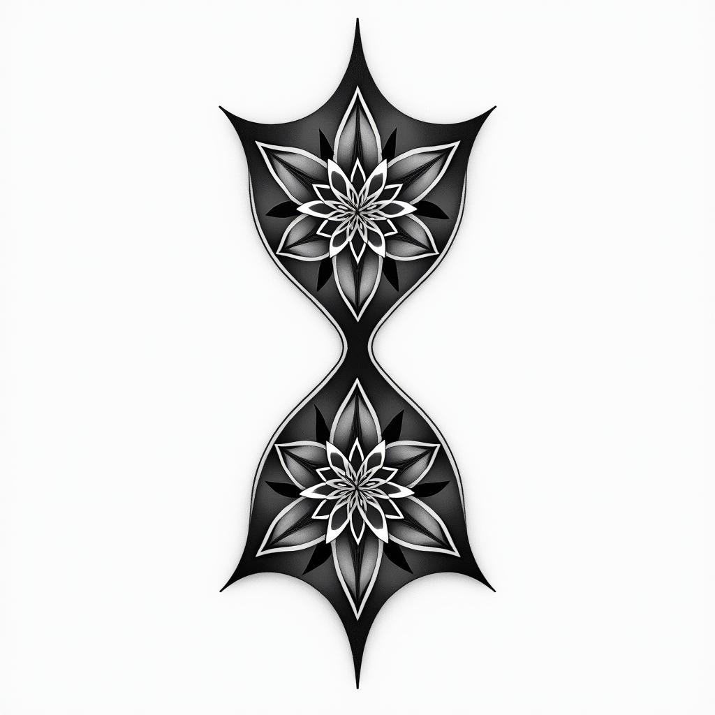 Hourglass, end in geometric style tattoo, blending hexagons, mandala-inspired patterns, symmetrical and fractal design, clean lines, sharp angles