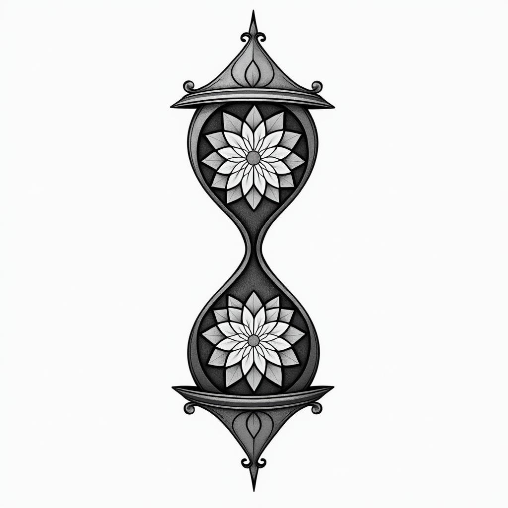 Hourglass, end in geometric style tattoo, blending hexagons, mandala-inspired patterns, symmetrical and fractal design, clean lines, sharp angles - Variation 2