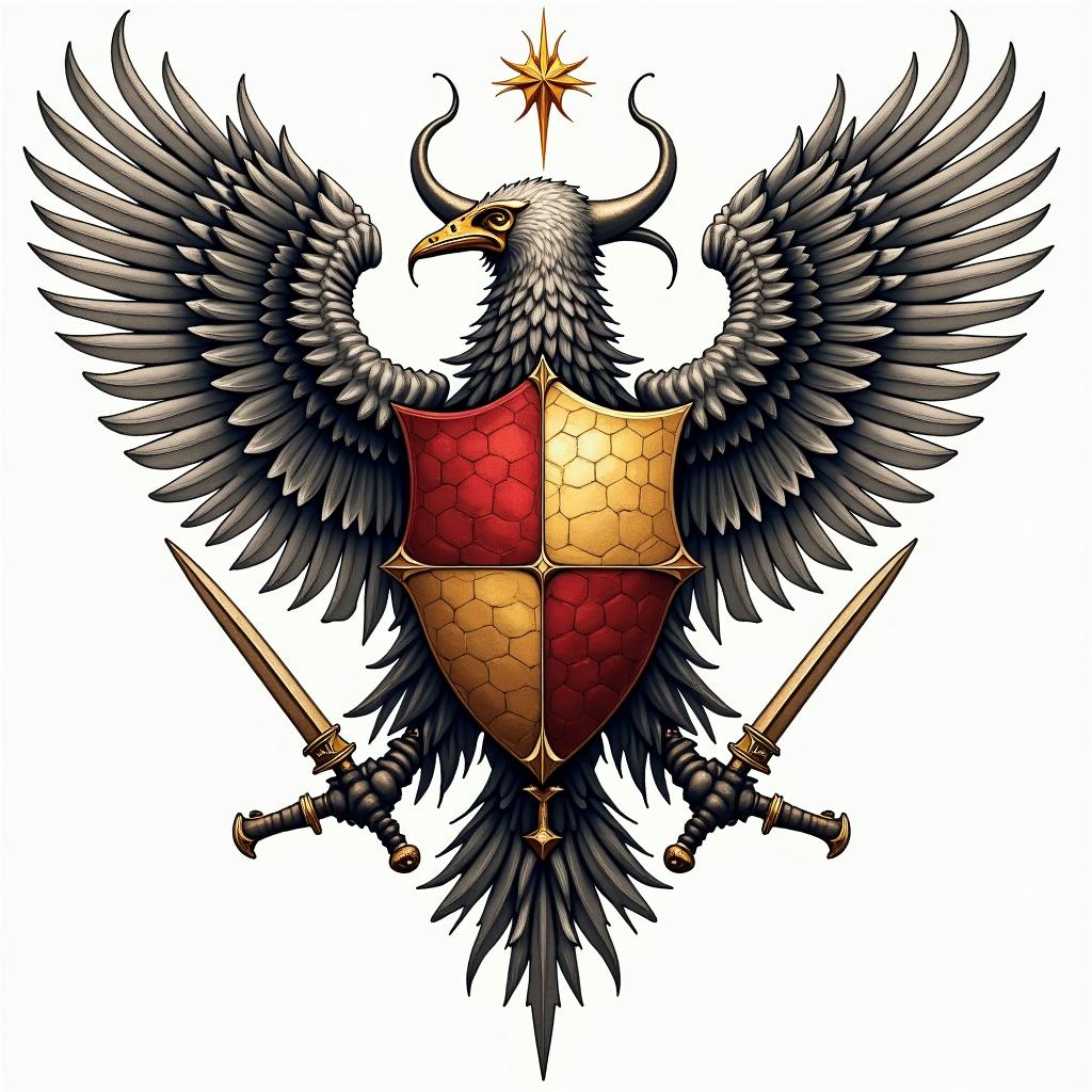Crest, gold and red quadrants, knights helmet, wings, swords in geometric style tattoo, blending hexagons, mandala-inspired patterns, symmetrical and fractal design, clean lines, sharp angles - Variation 4