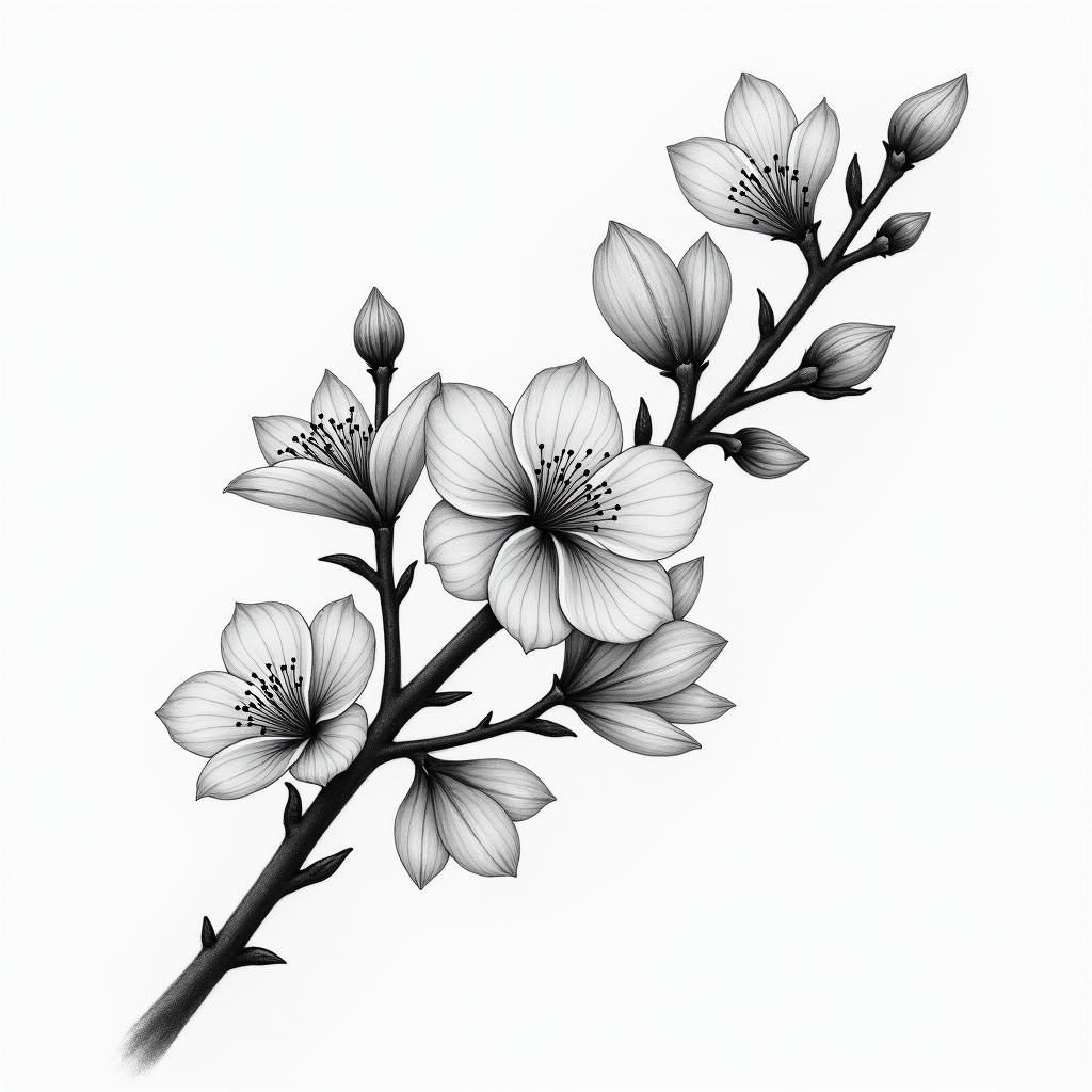 Delicate cherry blossomshigly detailed tattoo - Variation 6