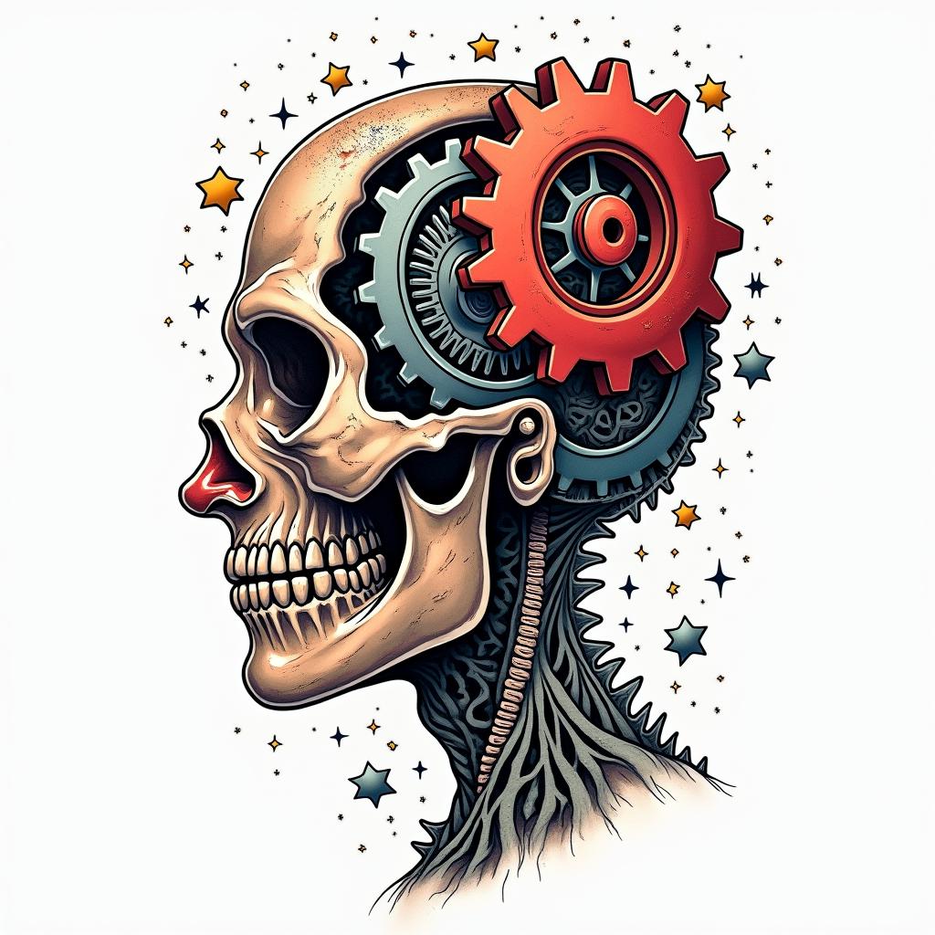 Mechanical gears fused with human anatomy.in pop art style tattoo, featuring bold and vibrant colors, exaggerated outlines, iconic imagery, inspired by comic books and speech bubbles, comic book characters, retro pop culture - Variation 2