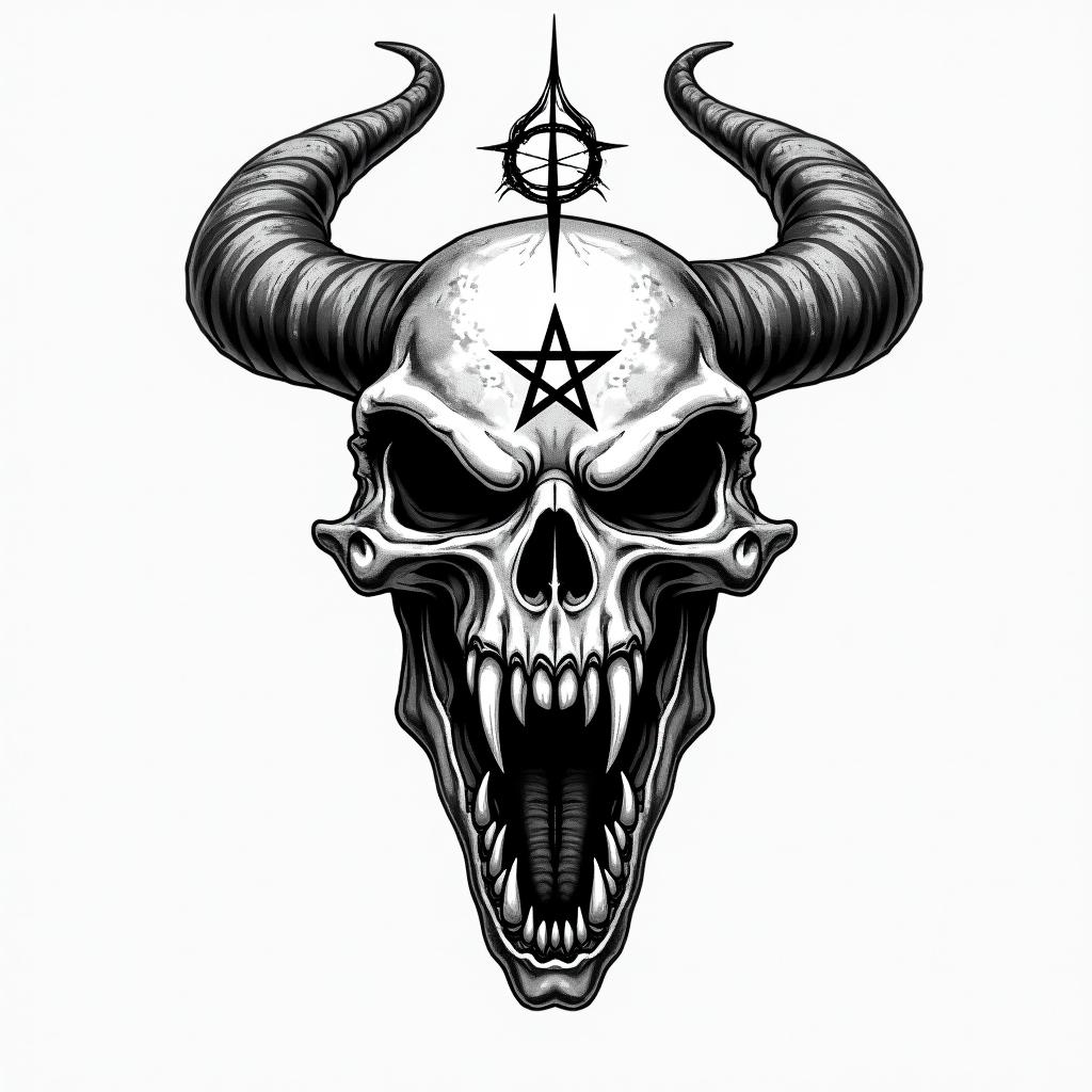 Indoraptorcreepy horror tattoo style, featuring an eerie and unsettling skull of a demonic creature, distorted face with sharp fangs, add pentagram symbol - Variation 2