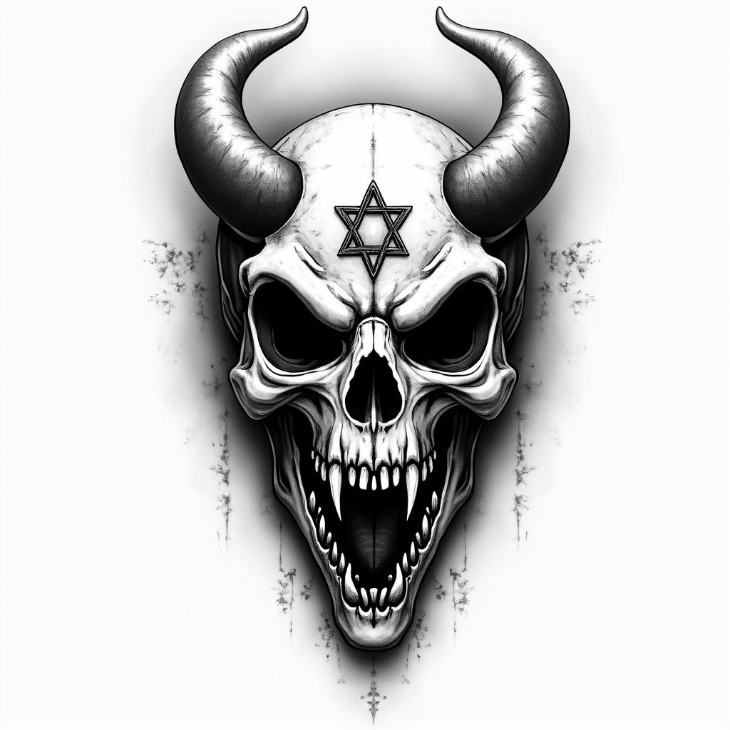 Indoraptorcreepy horror tattoo style, featuring an eerie and unsettling skull of a demonic creature, distorted face with sharp fangs, add pentagram symbol