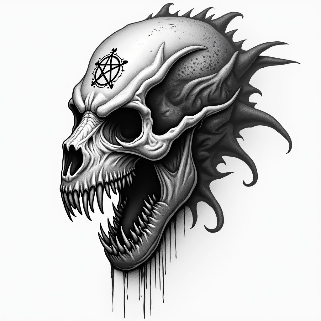 Indoraptorcreepy horror tattoo style, featuring an eerie and unsettling skull of a demonic creature, distorted face with sharp fangs, add pentagram symbol - Variation 4