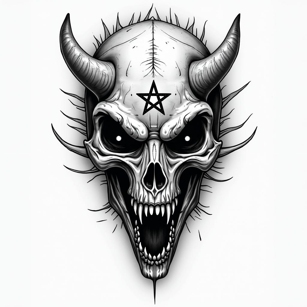 Indoraptorcreepy horror tattoo style, featuring an eerie and unsettling skull of a demonic creature, distorted face with sharp fangs, add pentagram symbol - Variation 3