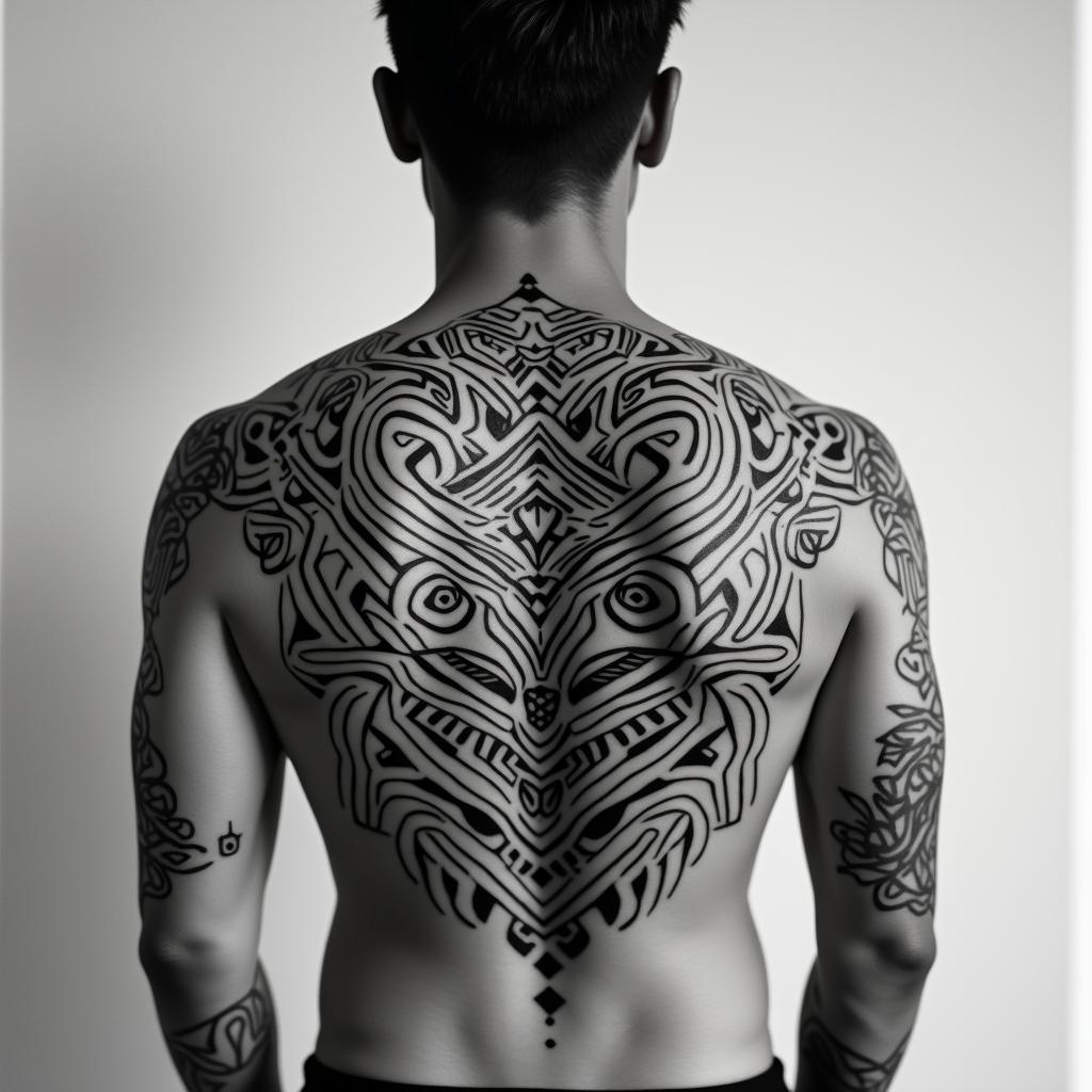 [u-key- yo] • Japanese (m.) living in the moment, detached from th bothers of life. the floating worldin tribal tattoo style, featuring bold and black geometric shapes, curved lines, intertwine and flow seamlessly, creating a powerful and symbolic design, polynesian and maori styles - Variation 2