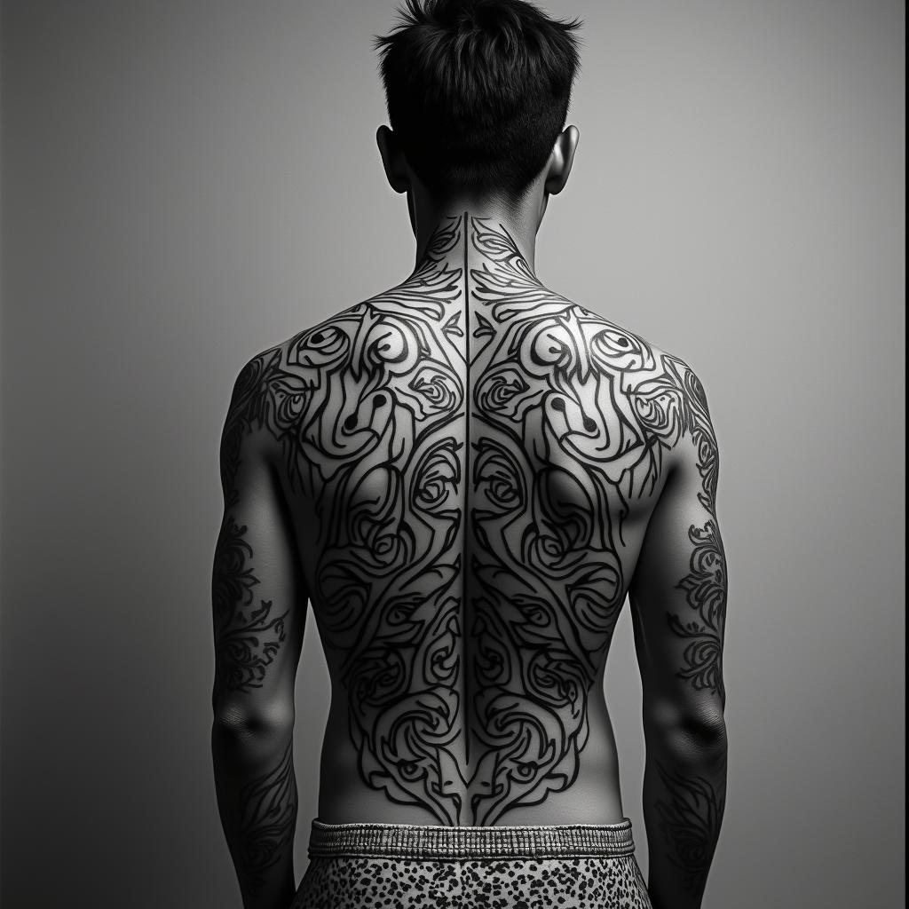 [u-key- yo] • Japanese (m.) living in the moment, detached from th bothers of life. the floating worldin tribal tattoo style, featuring bold and black geometric shapes, curved lines, intertwine and flow seamlessly, creating a powerful and symbolic design, polynesian and maori styles - Variation 3