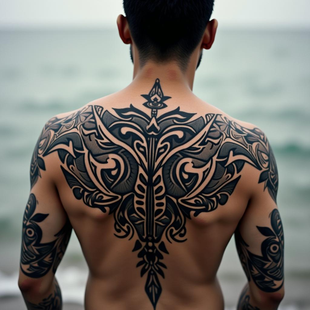 [u-key- yo] • Japanese (m.) living in the moment, detached from th bothers of life. the floating worldin tribal tattoo style, featuring bold and black geometric shapes, curved lines, intertwine and flow seamlessly, creating a powerful and symbolic design, polynesian and maori styles - Variation 4