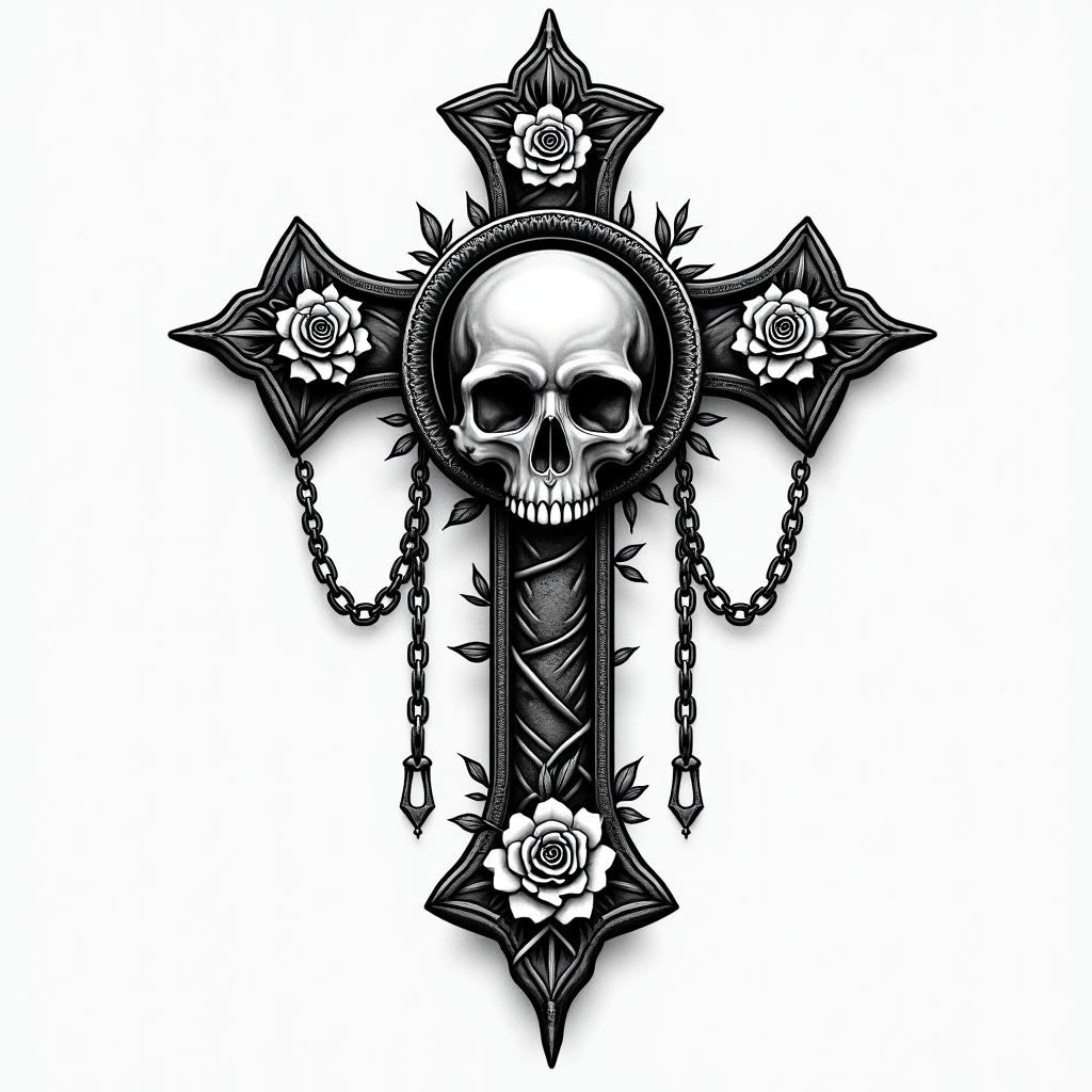 Indoraptorin chicano style tattoo, featuring intricate black and grey shading, bold elements of traditional chicano culture symbols, add a big cross with skull, chains and roses - Variation 3