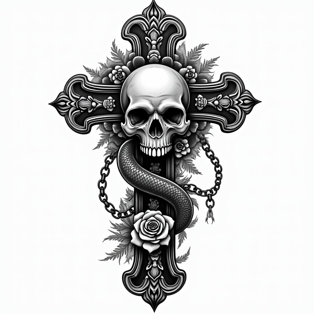 Indoraptorin chicano style tattoo, featuring intricate black and grey shading, bold elements of traditional chicano culture symbols, add a big cross with skull, chains and roses - Variation 2