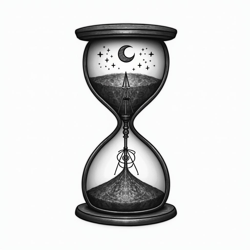 Hourglass, lifein paganic style tattoo, featuring ancient symbols, add vegvisir symbol, mystical figures, incorporating designs, pentagrams, runes, crescent moons,