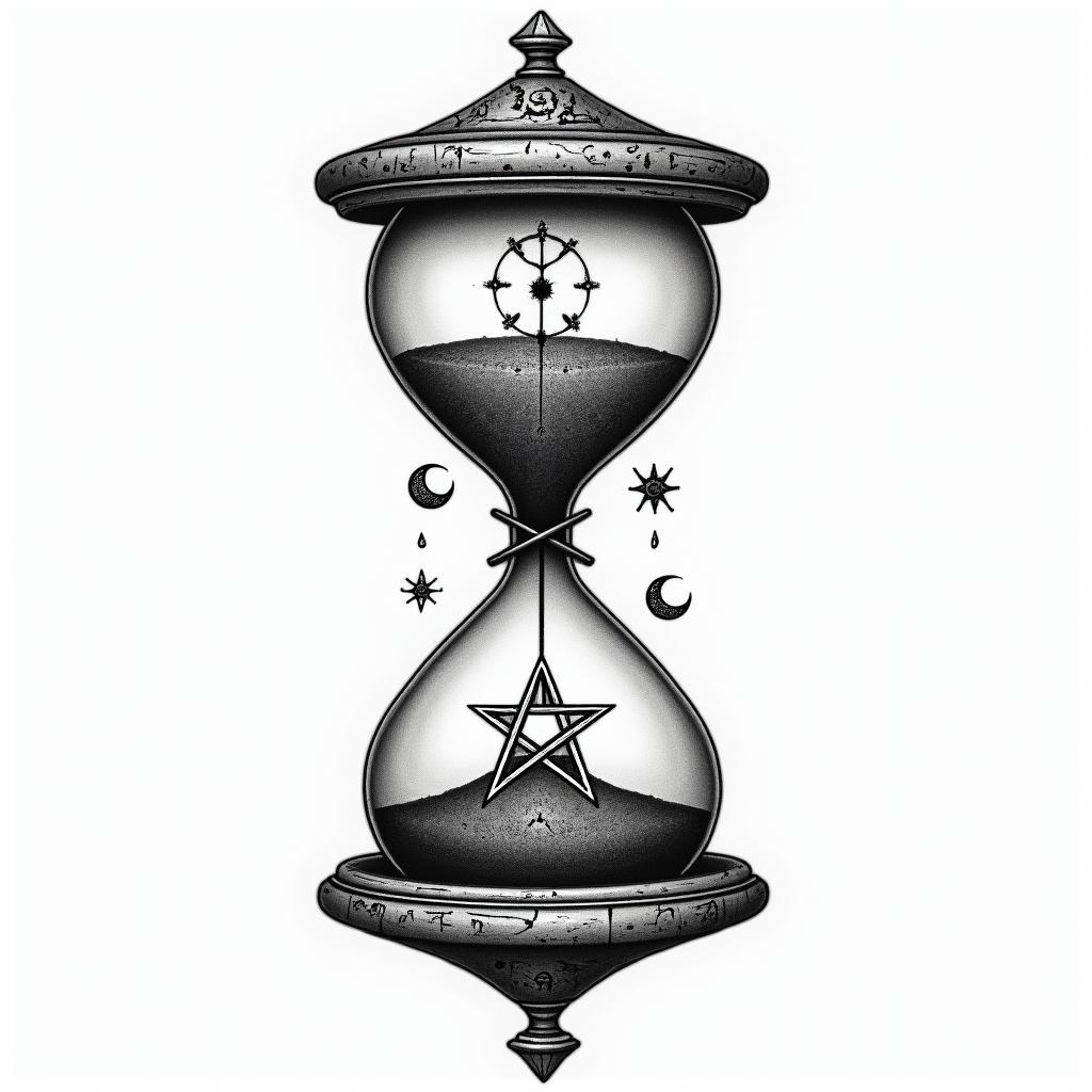 Hourglass, lifein paganic style tattoo, featuring ancient symbols, add vegvisir symbol, mystical figures, incorporating designs, pentagrams, runes, crescent moons, - Variation 4