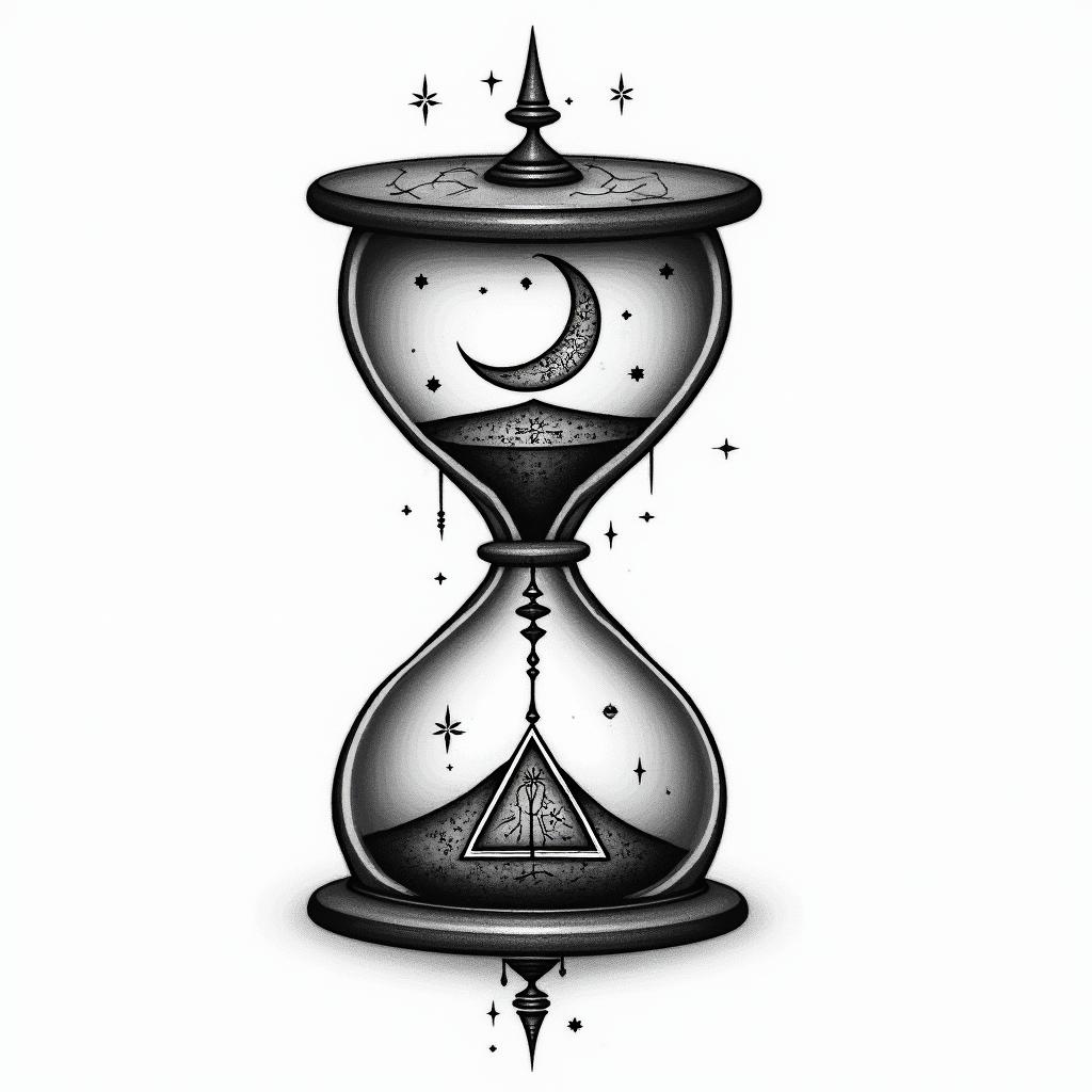 Hourglass, lifein paganic style tattoo, featuring ancient symbols, add vegvisir symbol, mystical figures, incorporating designs, pentagrams, runes, crescent moons, - Variation 2