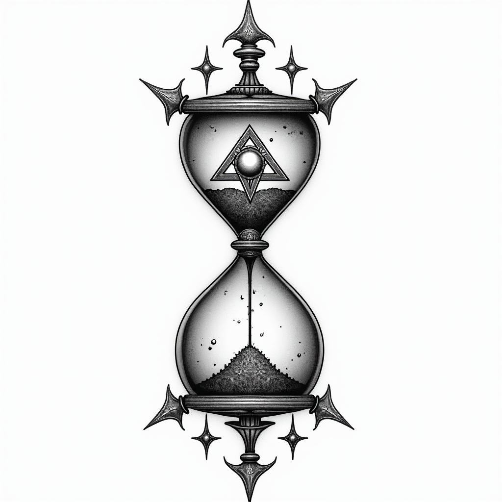 Hourglass, lifein paganic style tattoo, featuring ancient symbols, add vegvisir symbol, mystical figures, incorporating designs, pentagrams, runes, crescent moons, - Variation 3