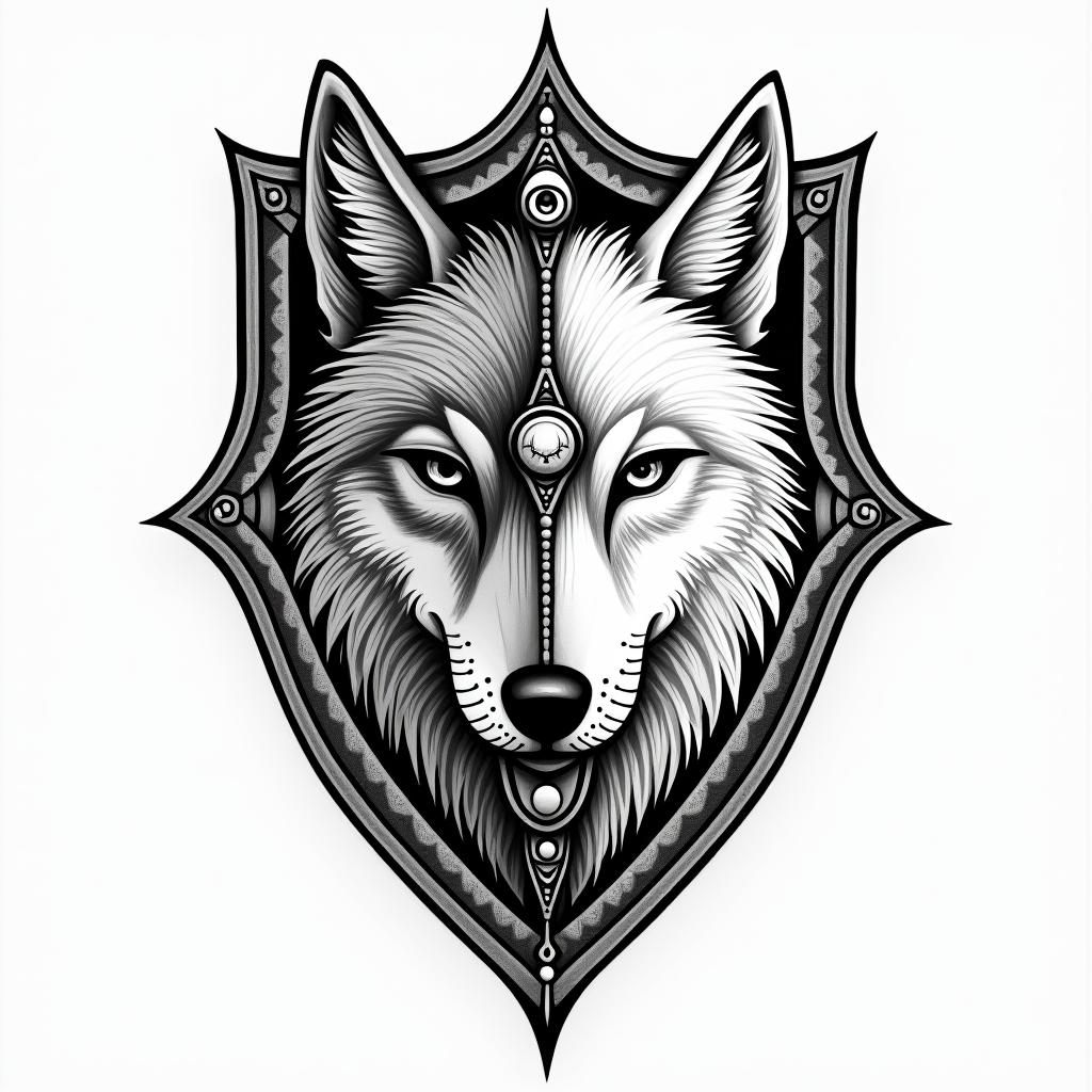 Half nord Warrior face and Wolf half face inside the shieldin spiritual symbols tattoo style, featuring an intricate design incorporating elements, Hamsa hand, third eye, minimalist composition - Variation 3