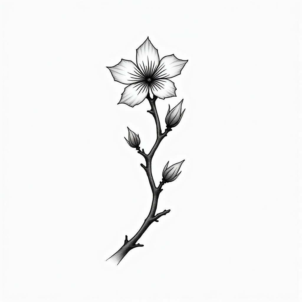 A branch with a cherry blossom with the name Salmain minimalist style tattoo, featuring simple shapes and fine lines, with minimal shading and details, tiny triangles, creating a sense of balance and harmony - Variation 2