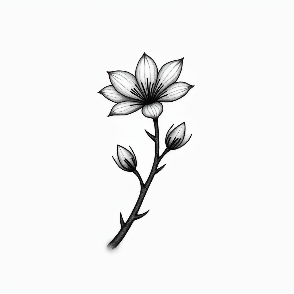 A branch with a cherry blossom with the name Salmain minimalist style tattoo, featuring simple shapes and fine lines, with minimal shading and details, tiny triangles, creating a sense of balance and harmony - Variation 4