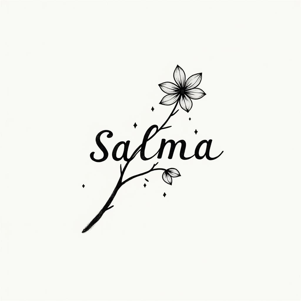 A branch with a cherry blossom with the name Salmain minimalist style tattoo, featuring simple shapes and fine lines, with minimal shading and details, tiny triangles, creating a sense of balance and harmony - Variation 3