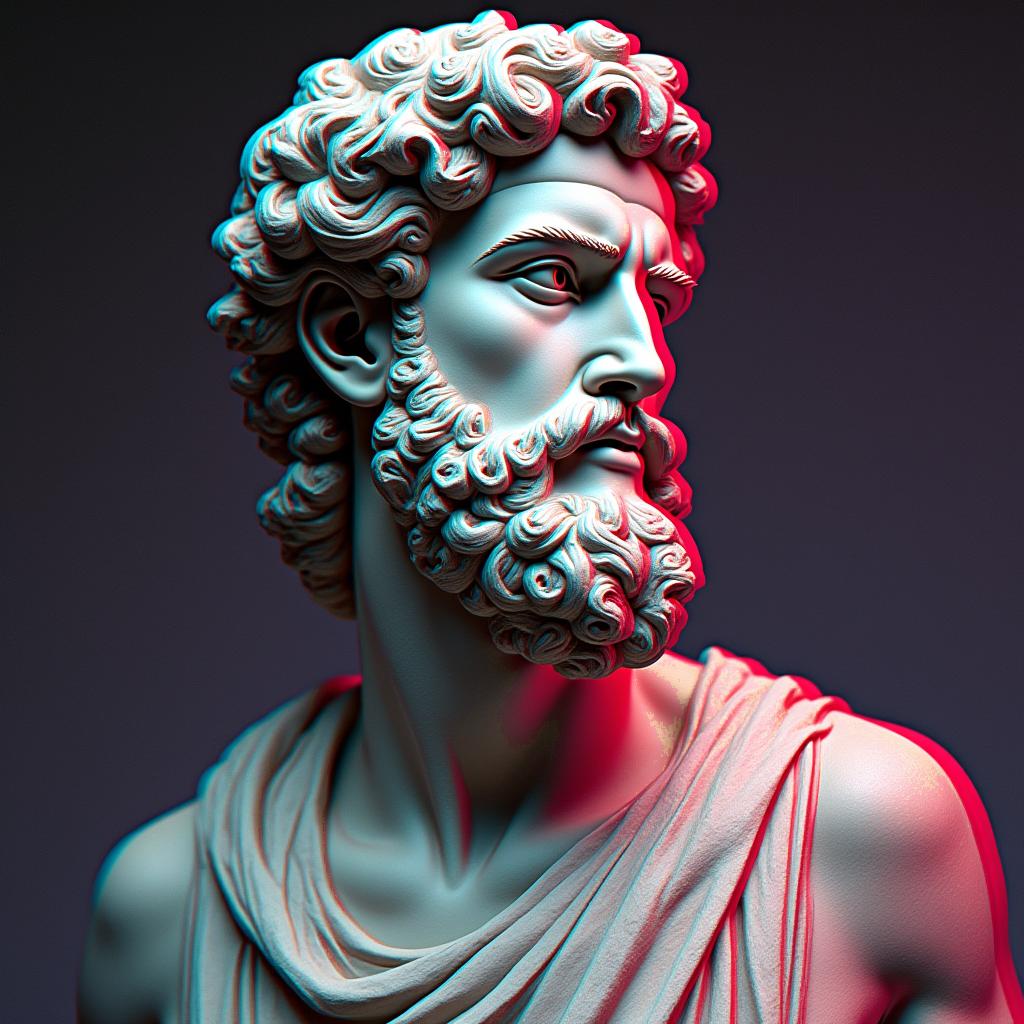 Zeusin distorted and fragmented tattoo design, featuring a classical statue bust, in a glitch art style with vibrant, overlapping colors of cyan, magenta, and yellow, creating a digital distortion effect - Variation 2