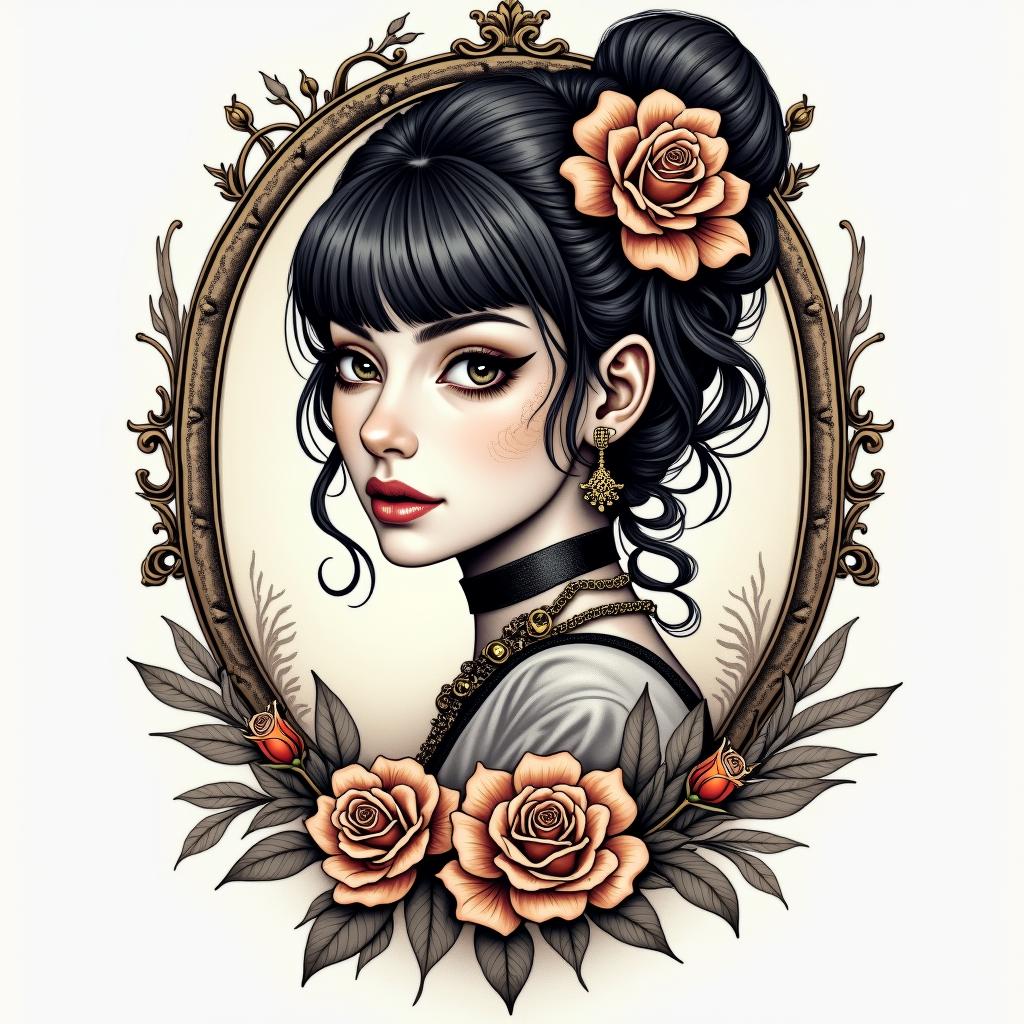 Futuristic cyberpunk girl with neon accentsin victorian style tattoo, featuring vintage and elegant elements, ornate frames, roses, antique, sepia-toned color scheme - Variation 10